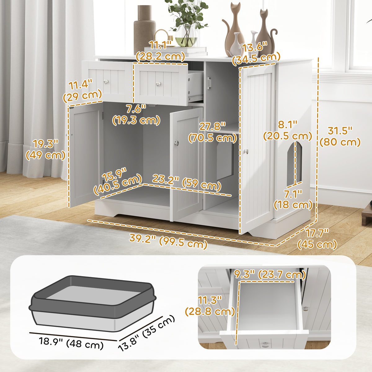 Cat Litter Box Enclosure Side Table with Storage - White MDF-Cats-DECOROLALA