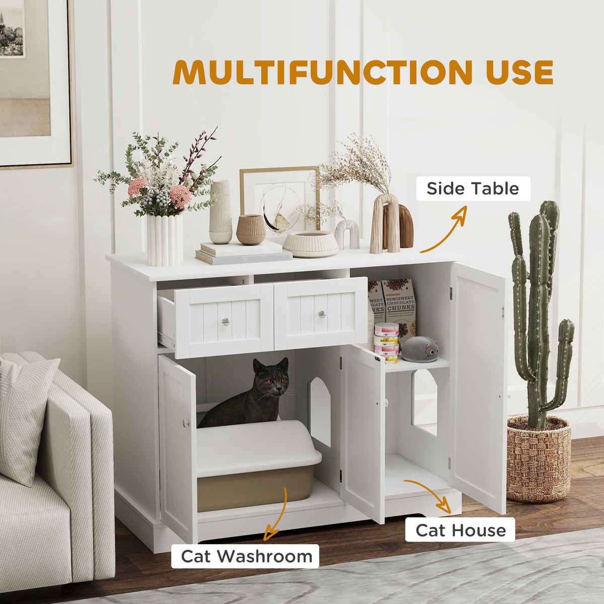 Cat Litter Box Enclosure Side Table with Storage - White MDF-Cats-DECOROLALA