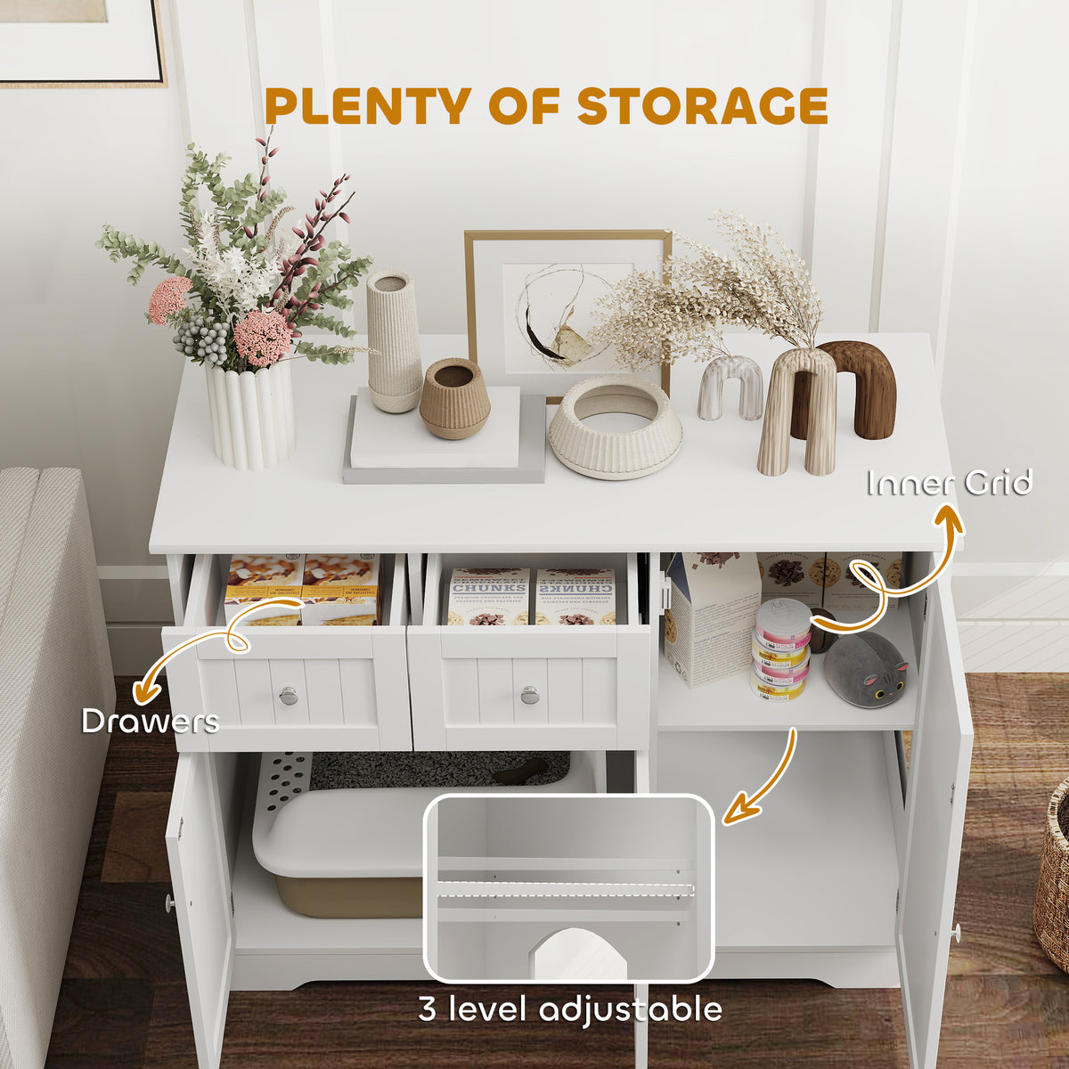 Cat Litter Box Enclosure Side Table with Storage - White MDF-Cats-DECOROLALA