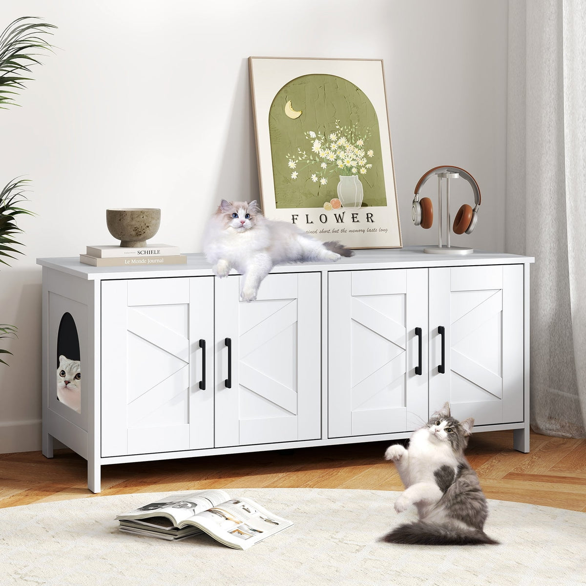 Cat Litter Box Enclosure for 2 Cats Modern Kitty Litter Box Furniture Hidden-White-Cat Houses-DECOROLALA