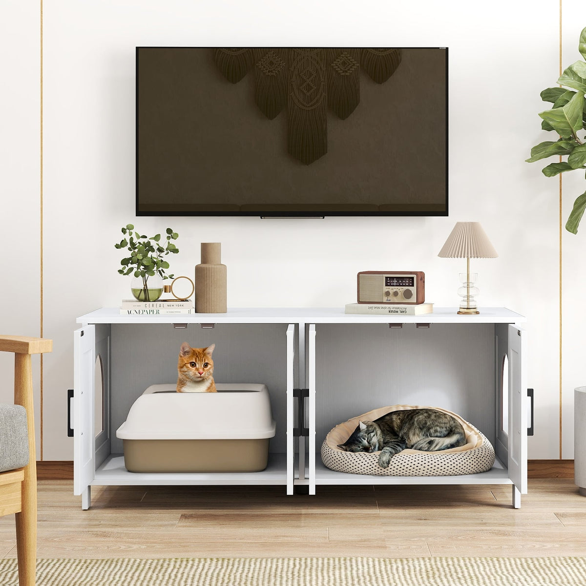 Cat Litter Box Enclosure for 2 Cats Modern Kitty Litter Box Furniture Hidden-White-Cat Houses-DECOROLALA