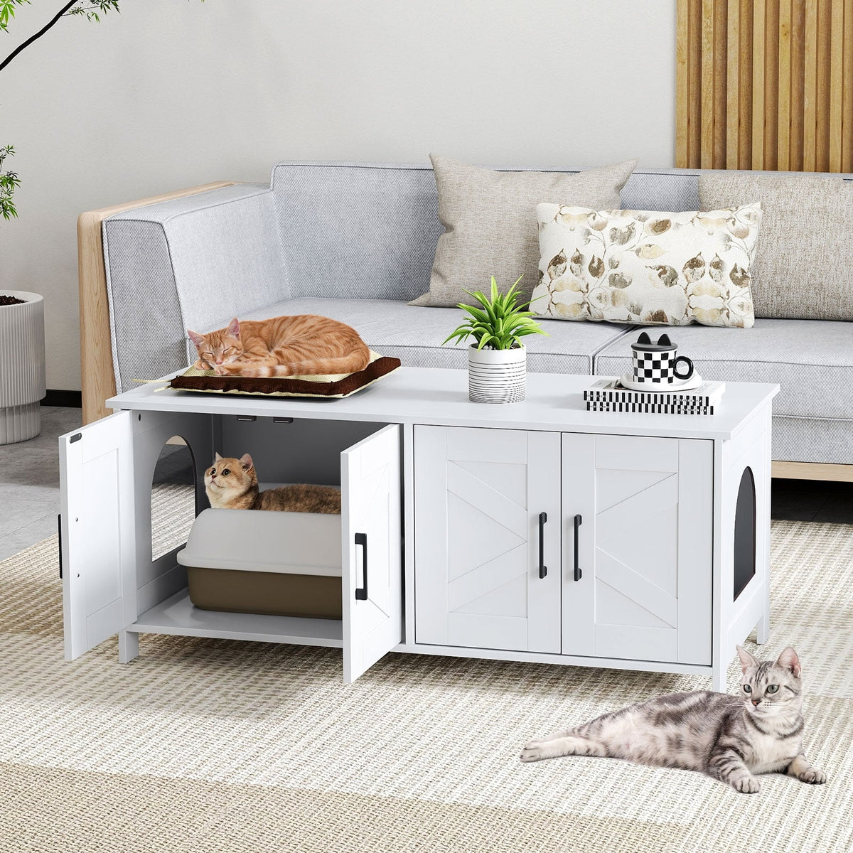 Cat Litter Box Enclosure for 2 Cats Modern Kitty Litter Box Furniture Hidden-White-Cat Houses-DECOROLALA