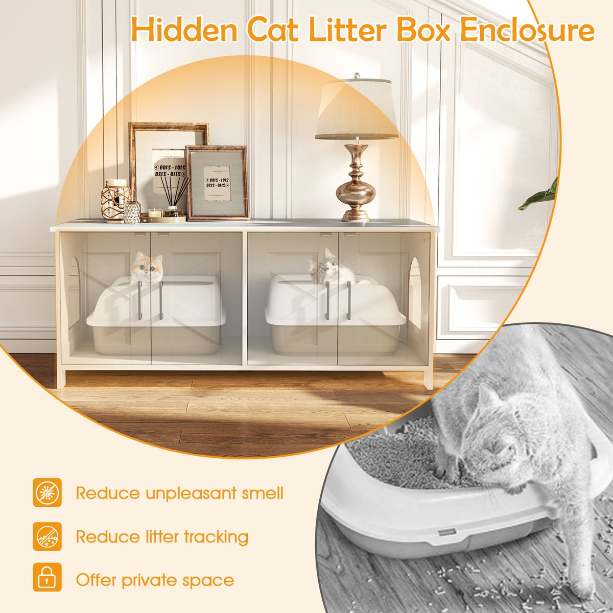 Cat Litter Box Enclosure for 2 Cats Modern Kitty Litter Box Furniture Hidden-White-Cat Houses-DECOROLALA