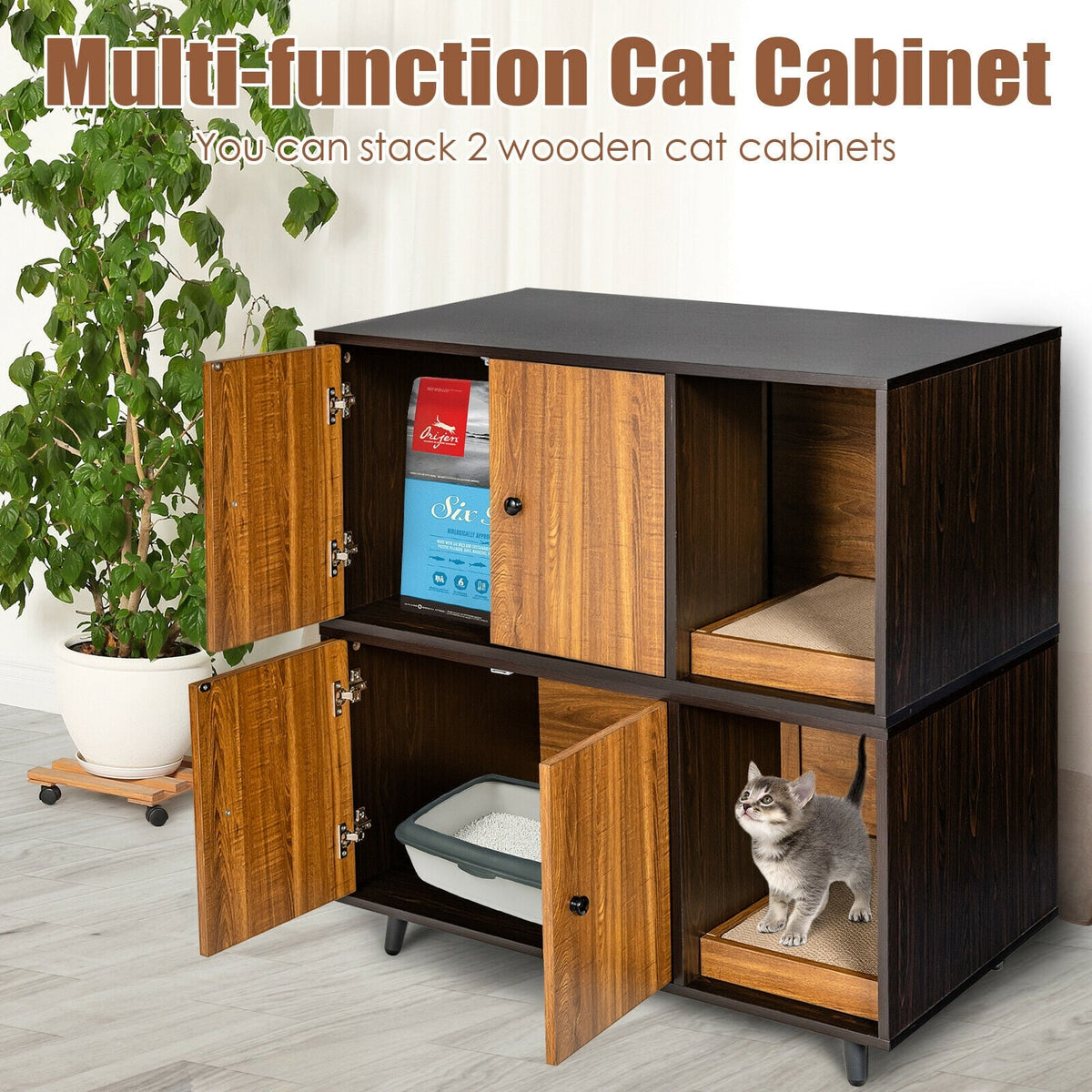 Cat Litter Box Enclosure with Divider and Double Doors-Brown-Cat Houses-DECOROLALA