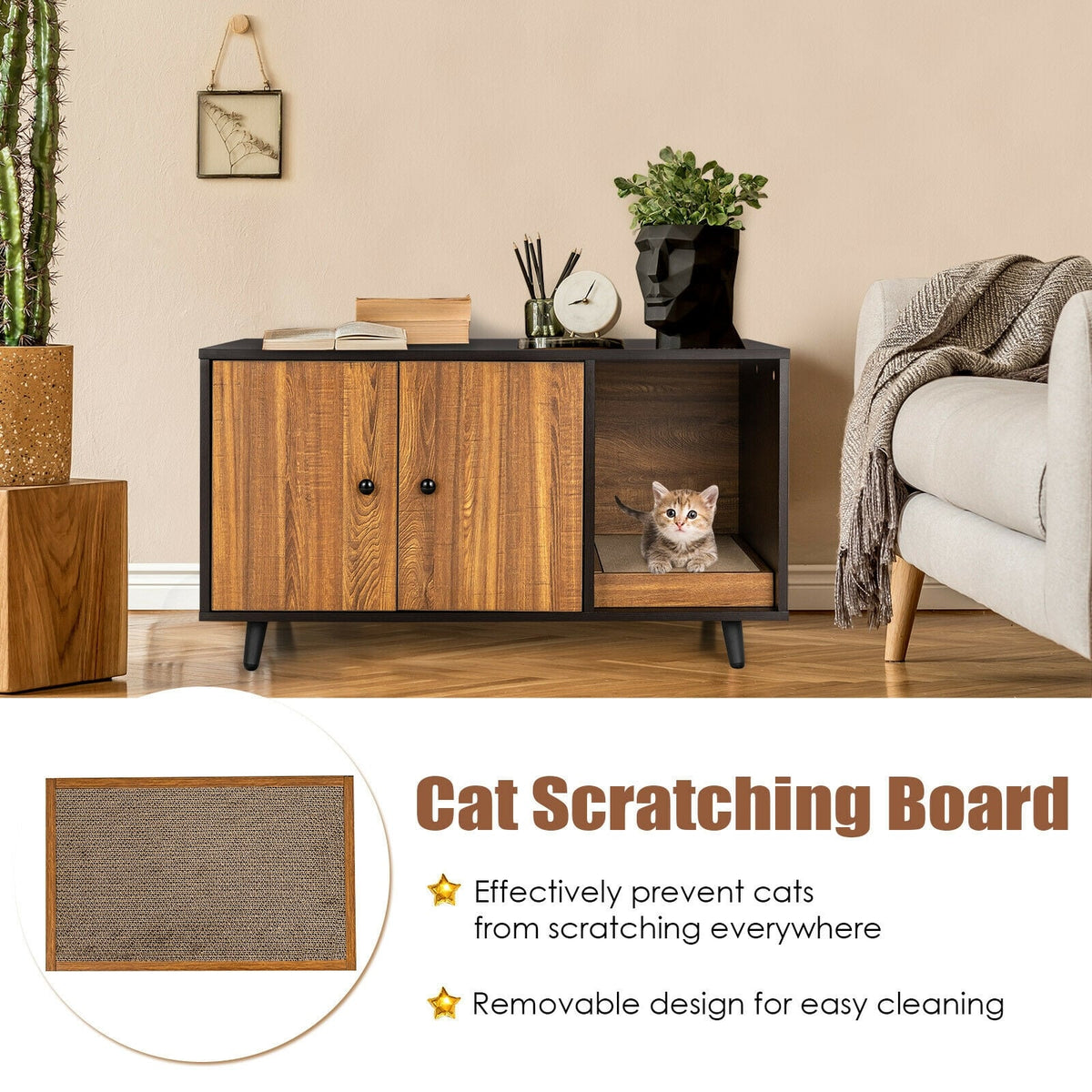 Cat Litter Box Enclosure with Divider and Double Doors-Brown-Cat Houses-DECOROLALA