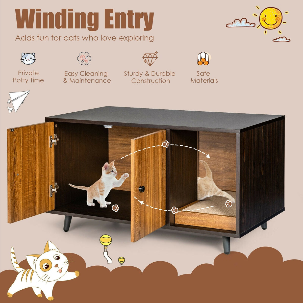 Cat Litter Box Enclosure with Divider and Double Doors-Brown-Cat Houses-DECOROLALA