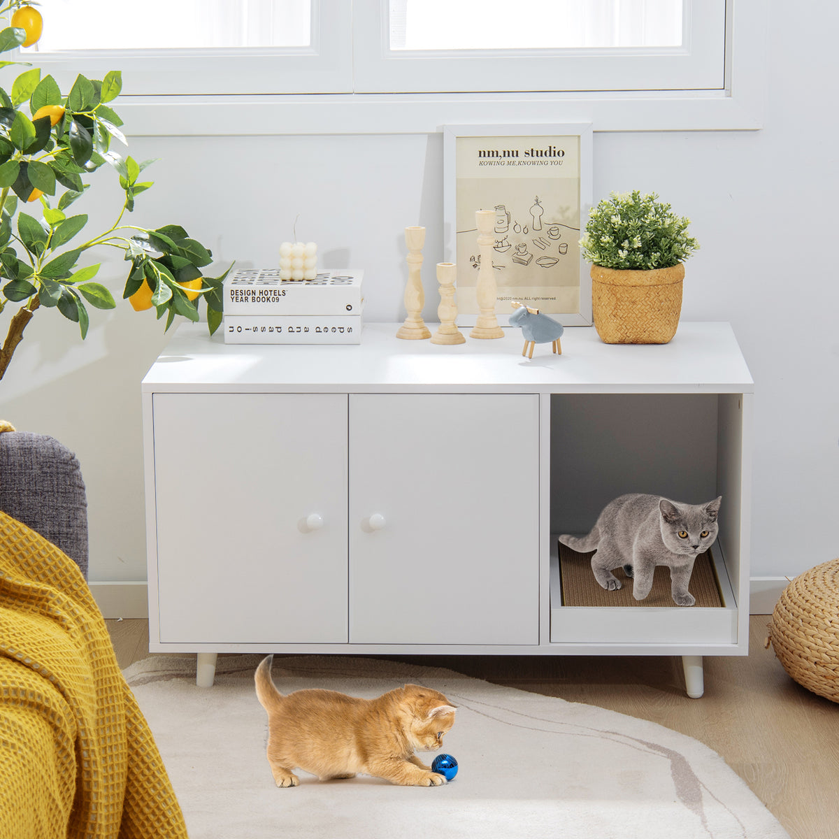 Cat Litter Box Enclosure with Divider and Double Doors-White-Cat Houses-DECOROLALA