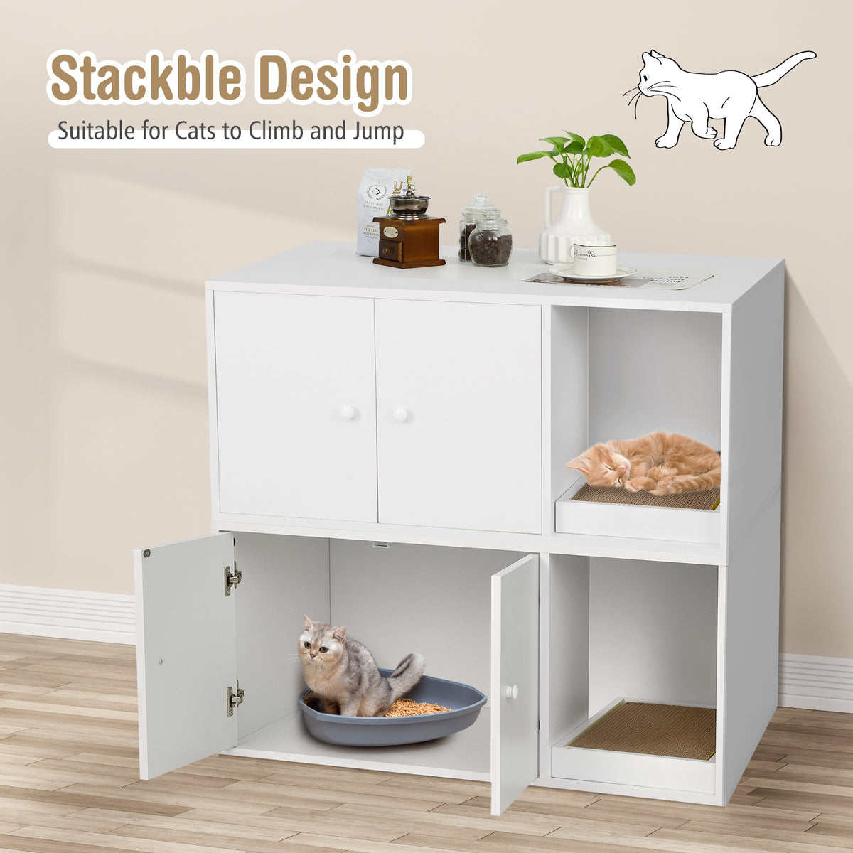 Cat Litter Box Enclosure with Divider and Double Doors-White-Cat Houses-DECOROLALA