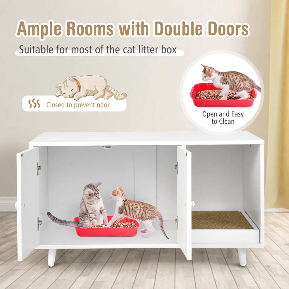 Cat Litter Box Enclosure with Divider and Double Doors-White-Cat Houses-DECOROLALA