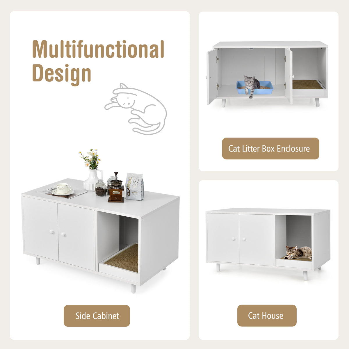 Cat Litter Box Enclosure with Divider and Double Doors-White-Cat Houses-DECOROLALA