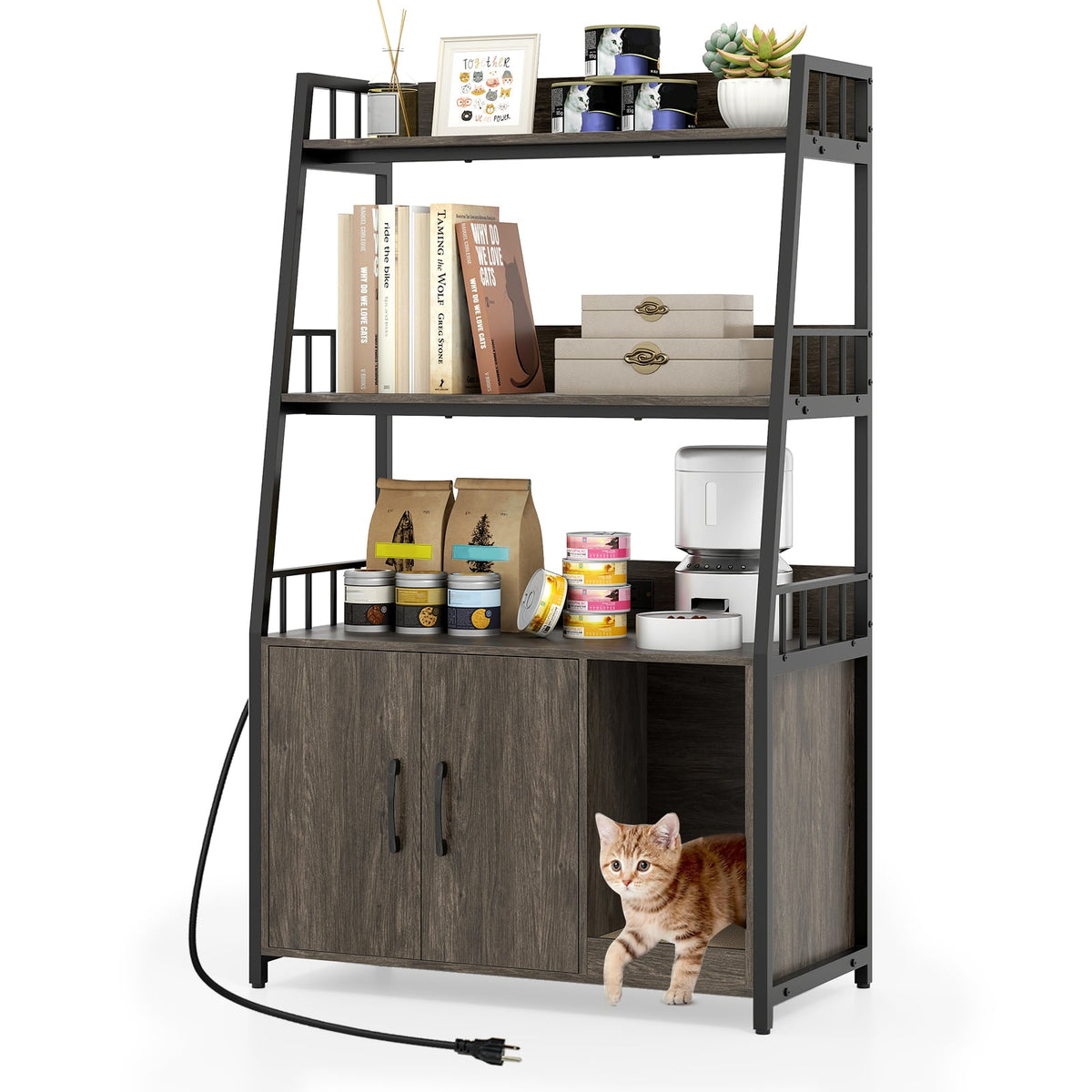 Cat Litter Box Enclosure with Storage Shelves and Scratching Pad-Gray-Cat Houses-DECOROLALA