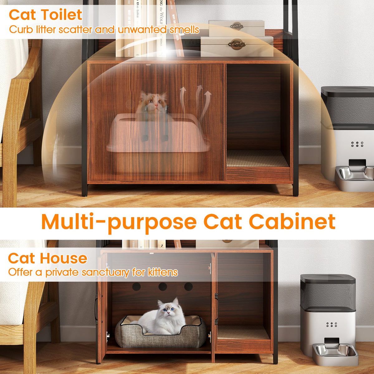 Cat Litter Box Enclosure with Storage Shelves and Scratching Pad-Walnut-Cat Houses-DECOROLALA