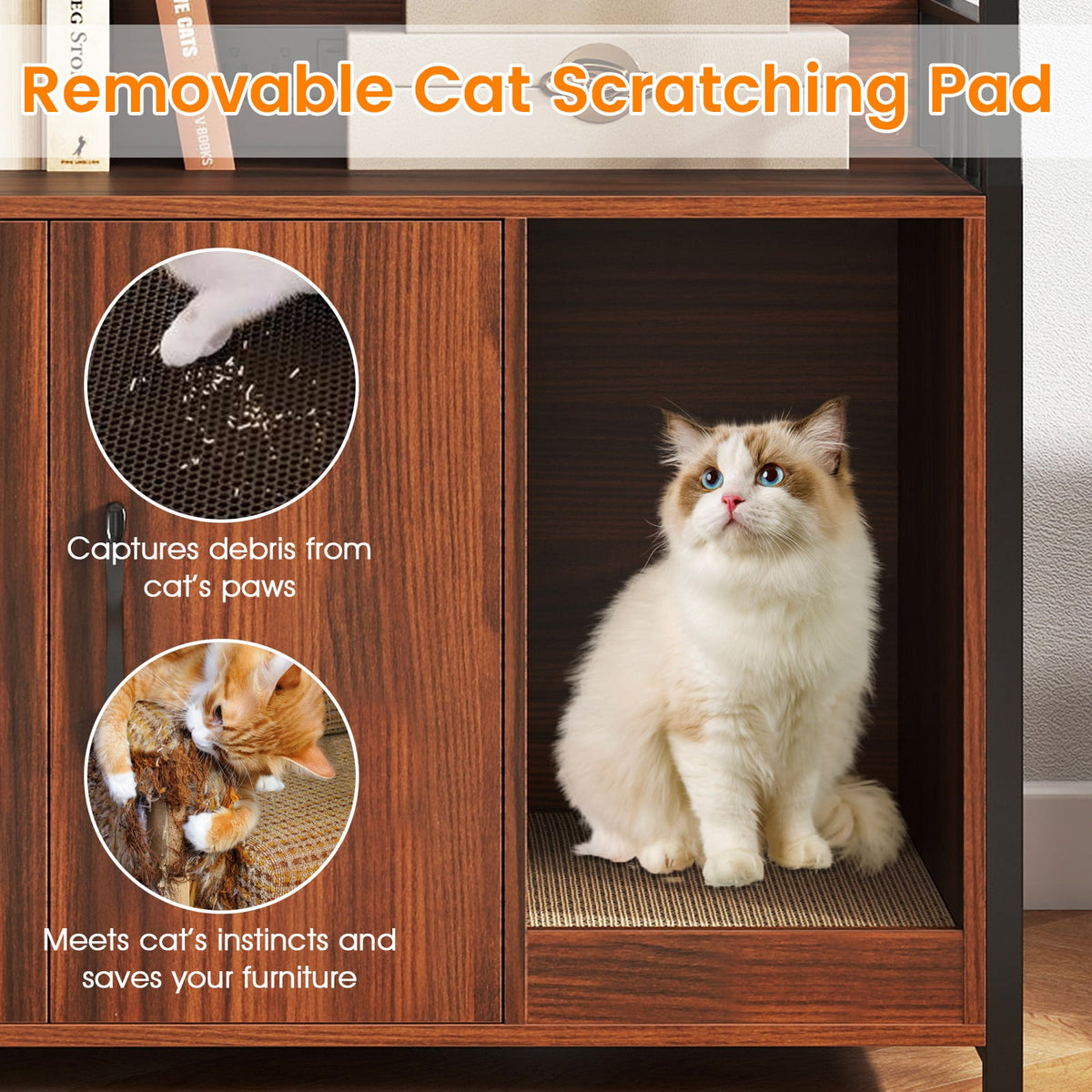 Cat Litter Box Enclosure with Storage Shelves and Scratching Pad-Walnut-Cat Houses-DECOROLALA