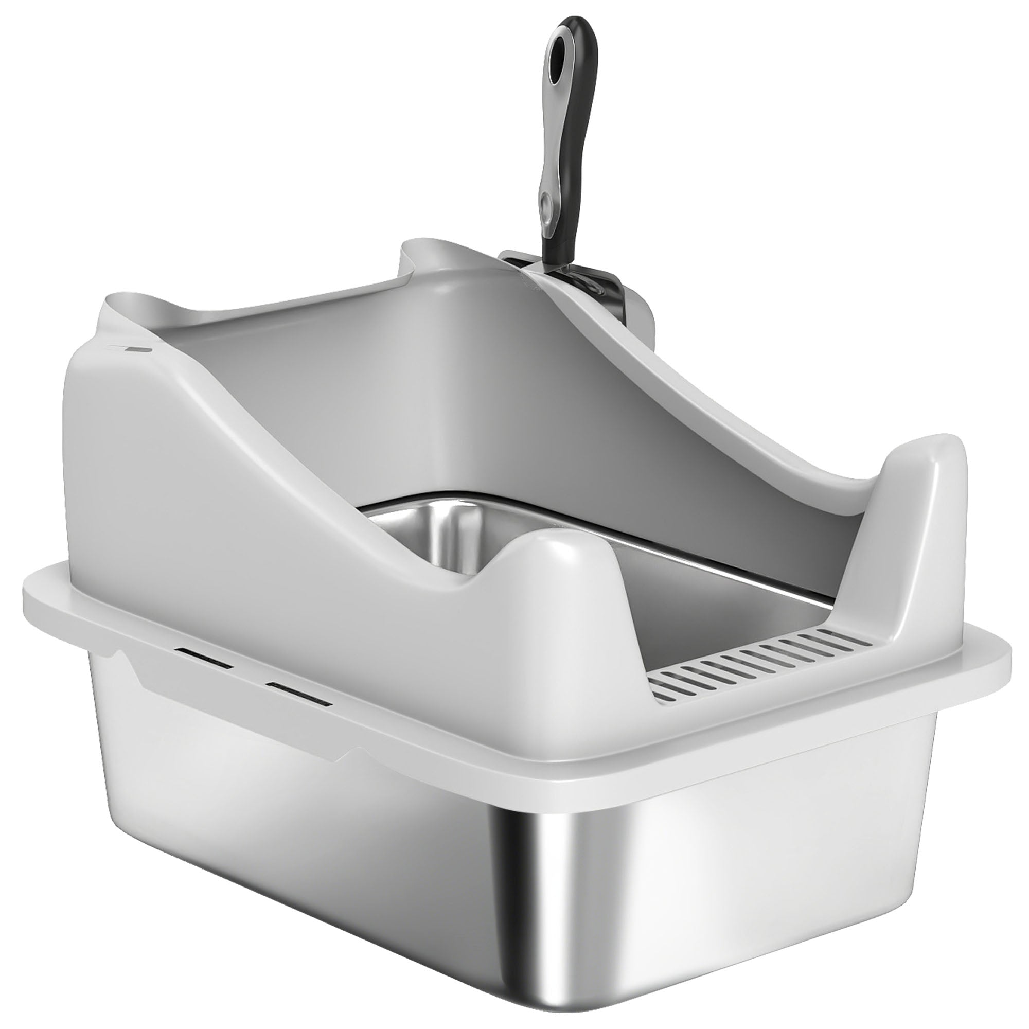 Cat Litter Box Stainless Steel with Metal Litter Scoop, Never Absorbs Odors, Anti Leakage, 17" x 13" x 10", Grey-Cats-DECOROLALA