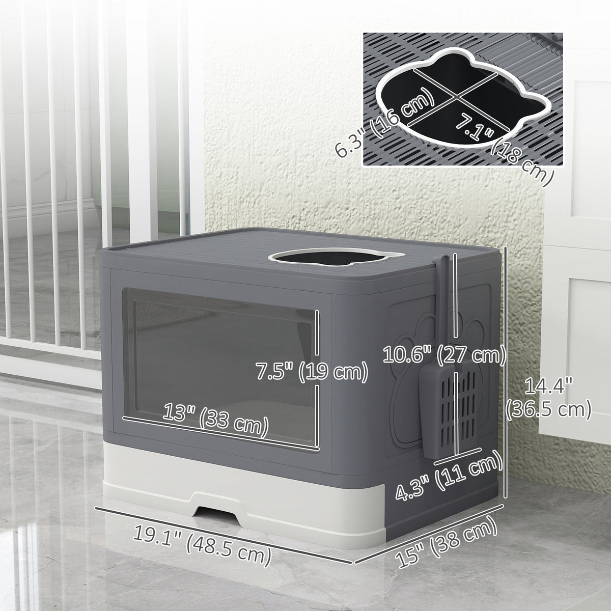 Cat Litter Box with Pull-out Tray and Scoop - Grey 19" L-Cats-DECOROLALA