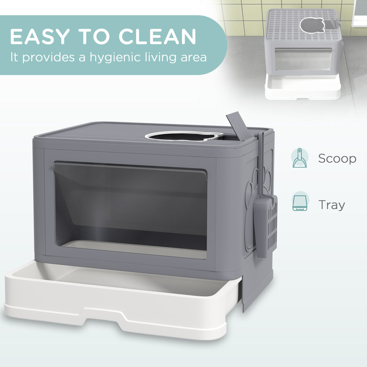 Cat Litter Box with Pull-out Tray and Scoop - Grey 19" L-Cats-DECOROLALA