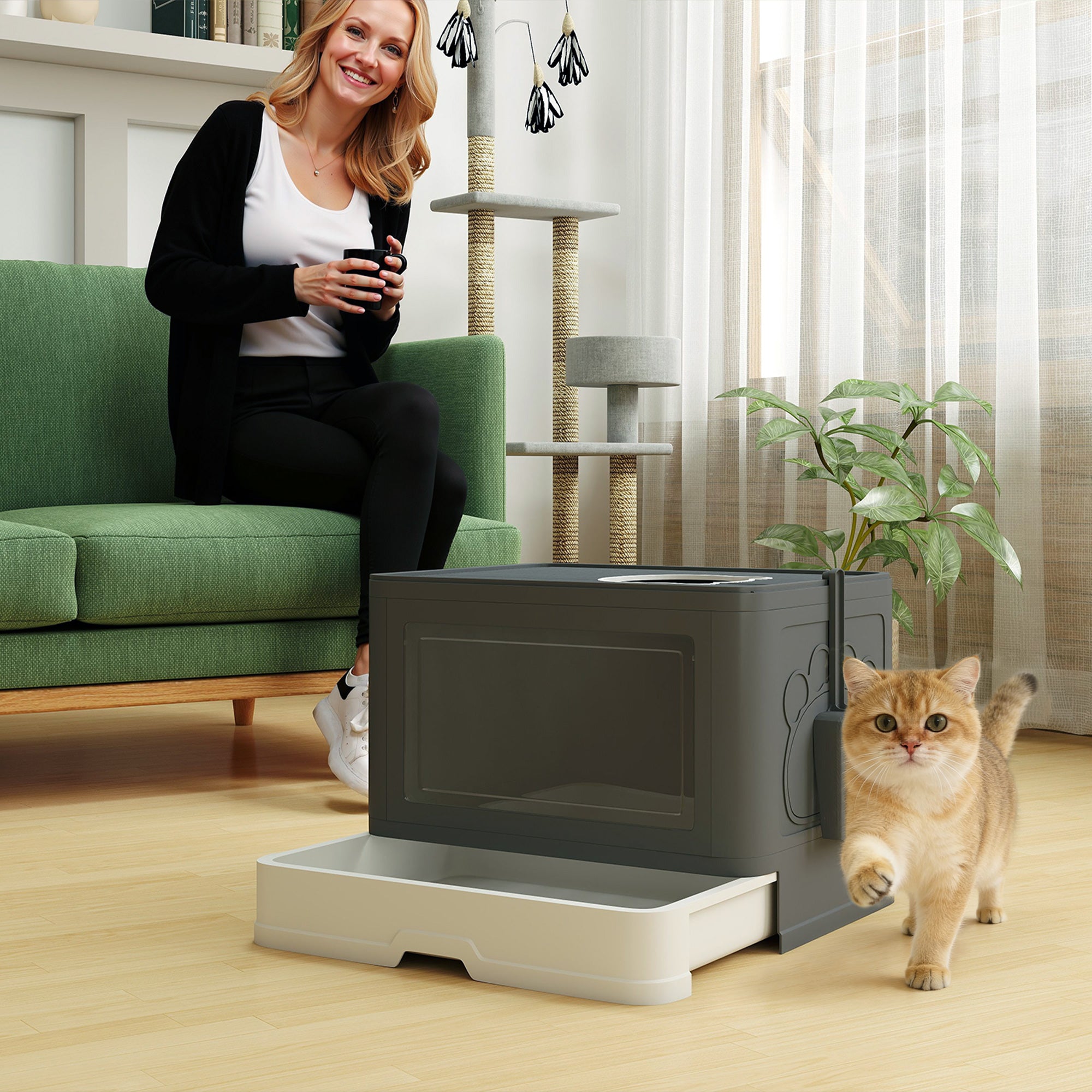 Cat Litter Box with Pull-out Tray and Scoop - Grey 19" L-Cats-DECOROLALA