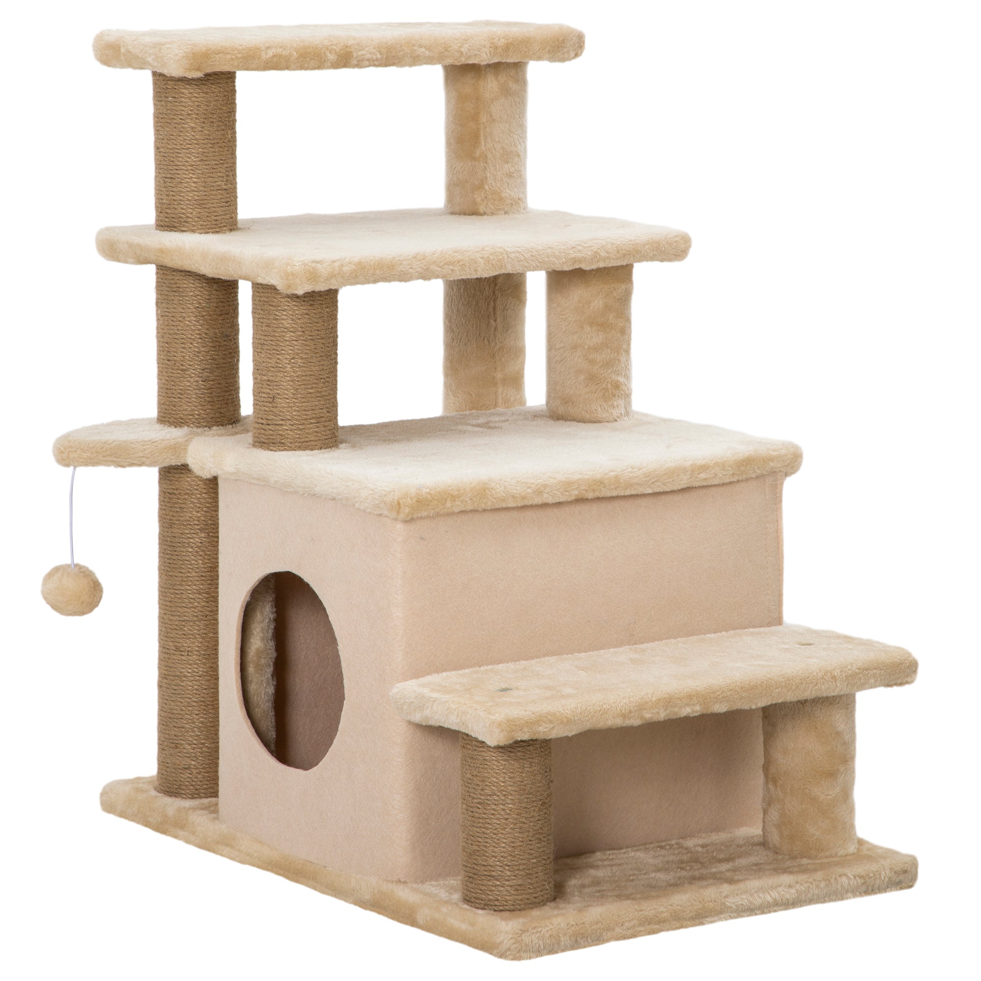 Cat Stairs with Condo and Scratching Posts - Beige 26" H-Cats-DECOROLALA