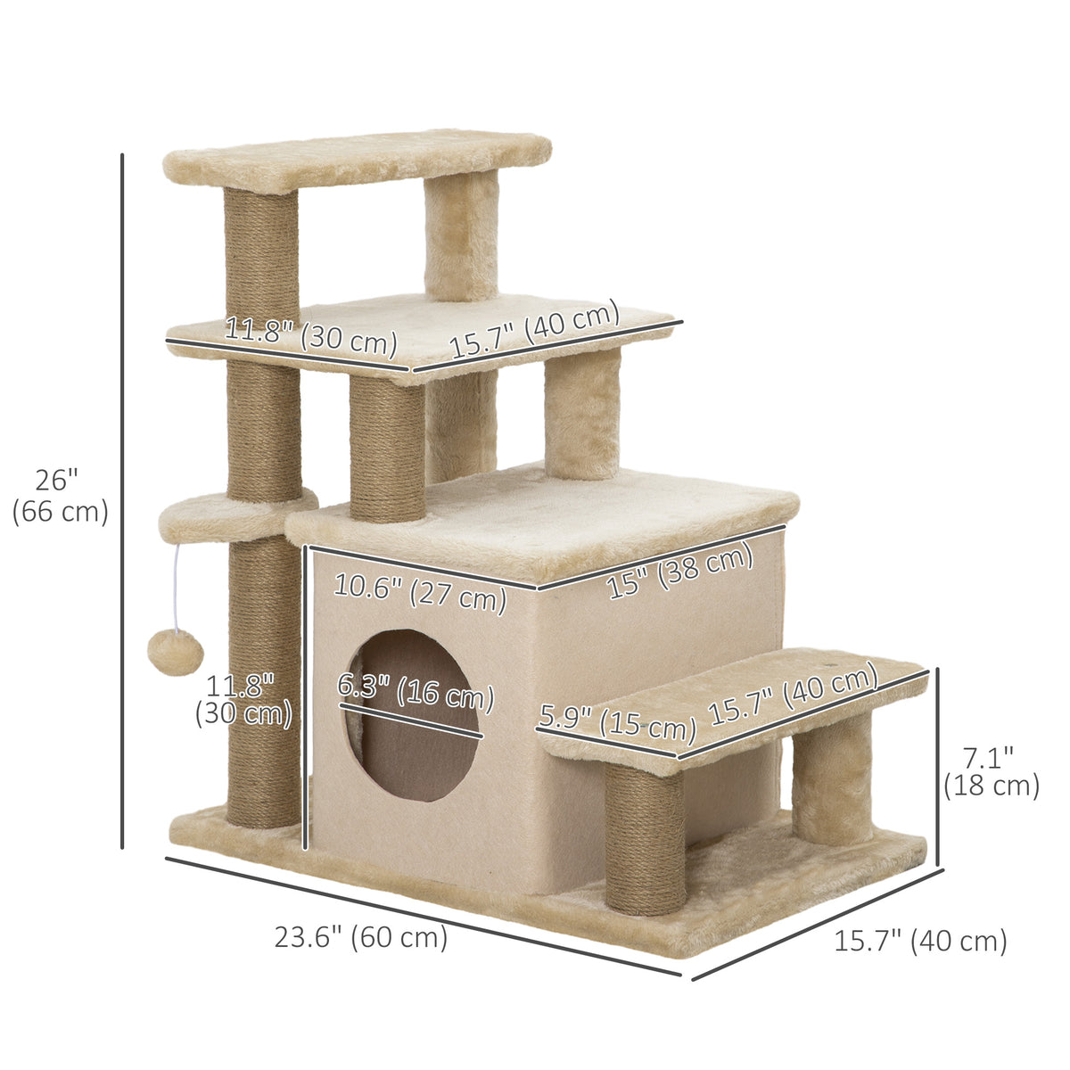 Cat Stairs with Condo and Scratching Posts - Beige 26" H-Cats-DECOROLALA
