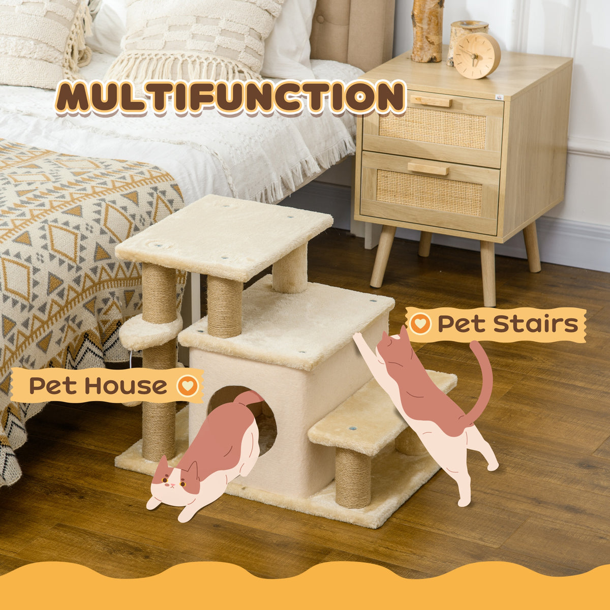 Cat Stairs with Condo and Scratching Posts - Beige 26" H-Cats-DECOROLALA
