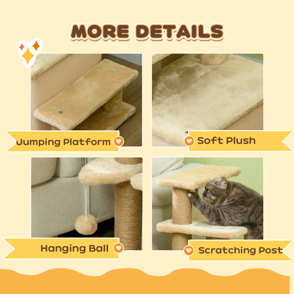 Cat Stairs with Condo and Scratching Posts - Beige 26" H-Cats-DECOROLALA