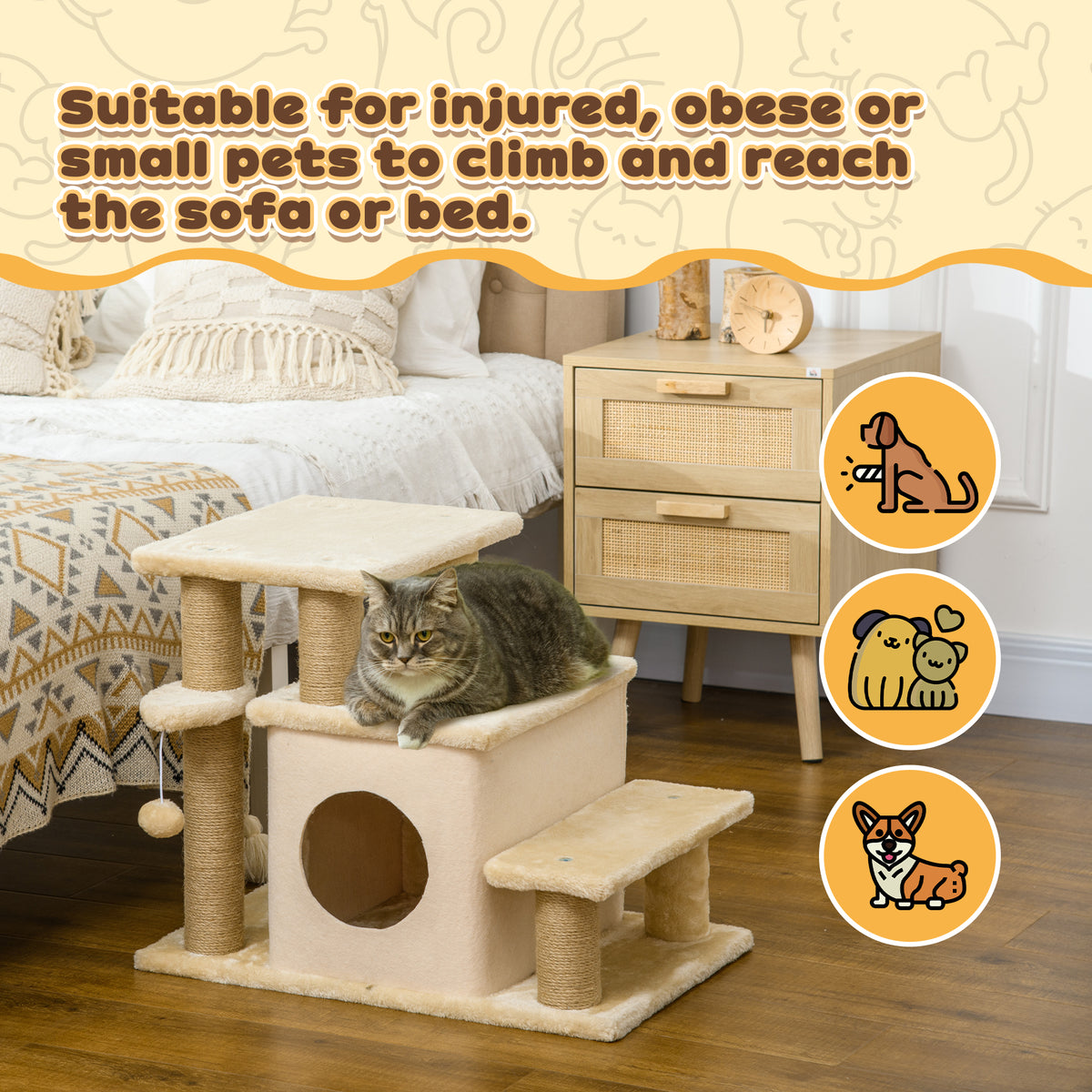 Cat Stairs with Condo and Scratching Posts - Beige 26" H-Cats-DECOROLALA
