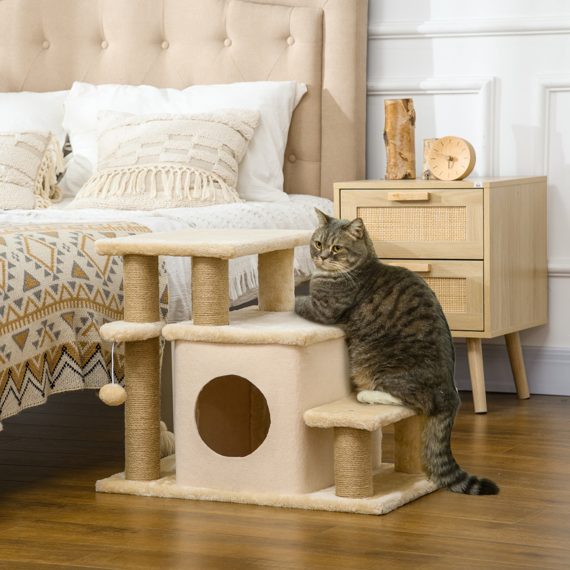 Cat Stairs with Condo and Scratching Posts - Beige 26" H-Cats-DECOROLALA