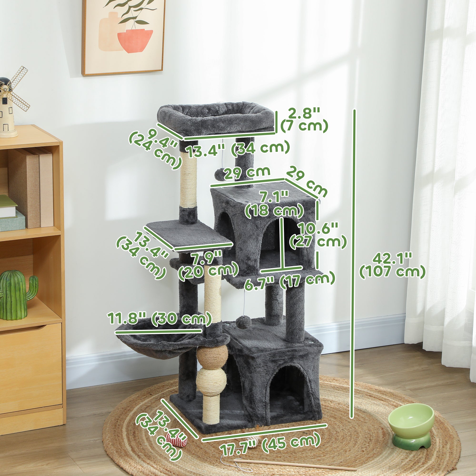 Cat Tower, 42" Multi-Level Cat Tree with Padded Plush Perch, Hammock, 2 Door Condos, Scratching Posts, Toy Balls-Cats-DECOROLALA