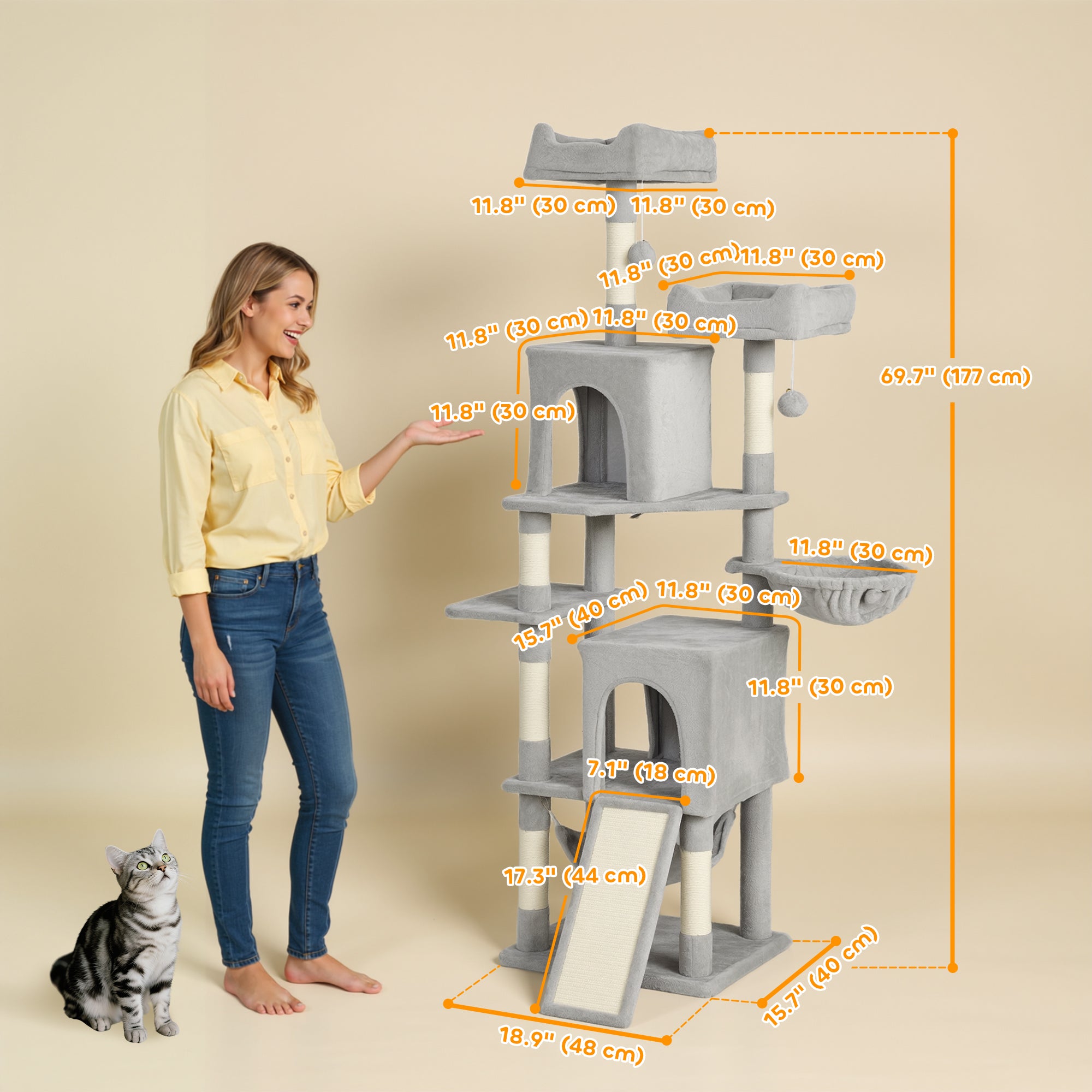 Cat Tree, 70" Multi-Level Cat Tower with 2 Condos, 2 Beds, Hammock, Toy Balls, Scratching Posts and Board, Light Grey-Cats-DECOROLALA