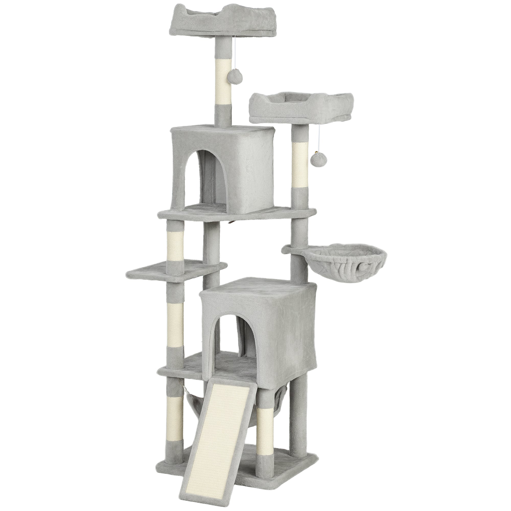Cat Tree, 70" Multi-Level Cat Tower with 2 Condos, 2 Beds, Hammock, Toy Balls, Scratching Posts and Board, Light Grey-Cats-DECOROLALA