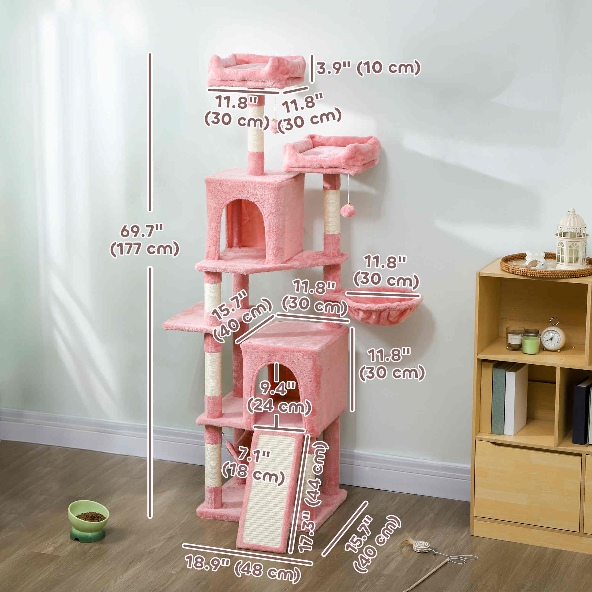 Cat Tree, 70" Multi-Level Cat Tower with 2 Condos, 2 Perches, Hammock, Toy Balls, Scratching Posts and Board, Pink-Cats-DECOROLALA
