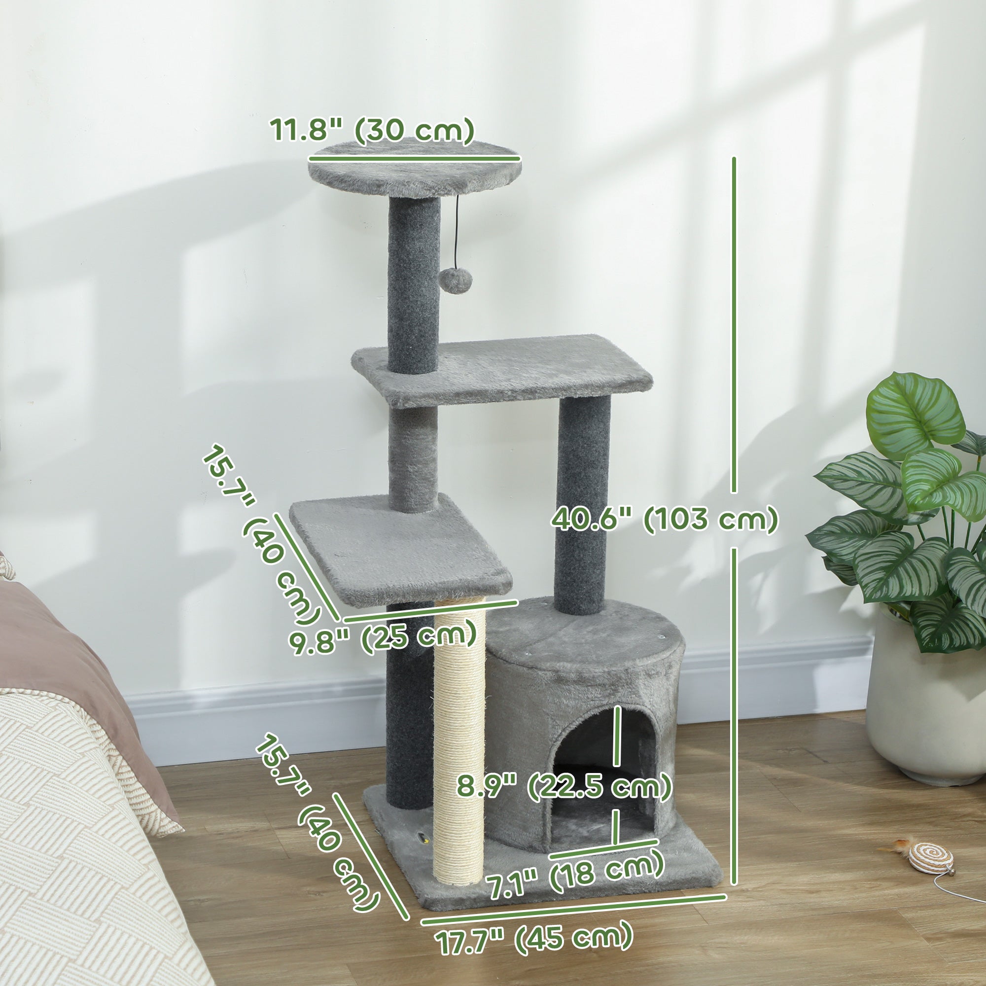 Cat Tree Cat Tower Multi-Level with Sisal Scratching Post for Kittens and Adults Grey Large 41"H-Cats-DECOROLALA