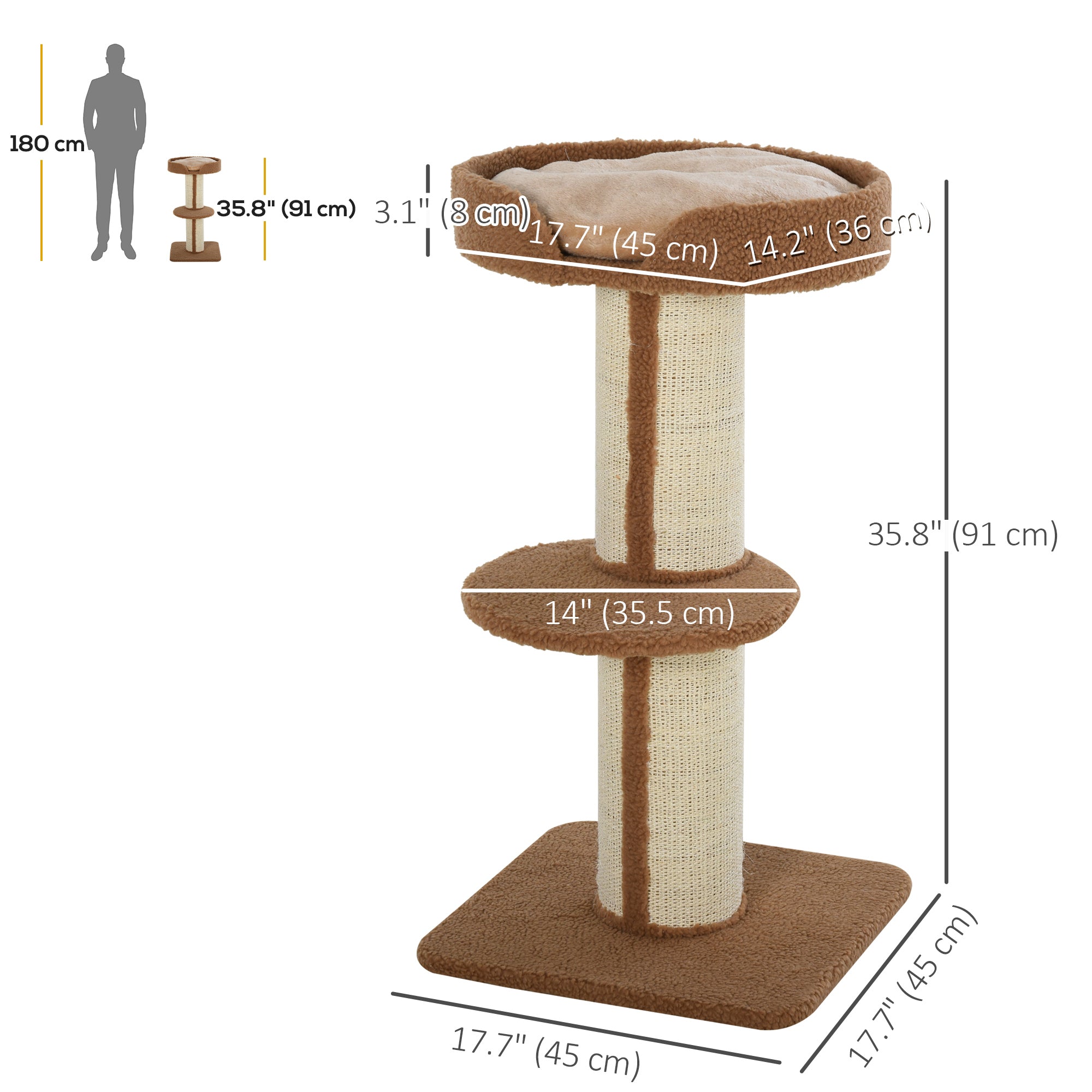 Cat Tree Kitty Tower with Sisal Mat Scratching Post, Cat Bed, Cushion, Perch, 18" x 18" x 36", Brown-Cats-DECOROLALA
