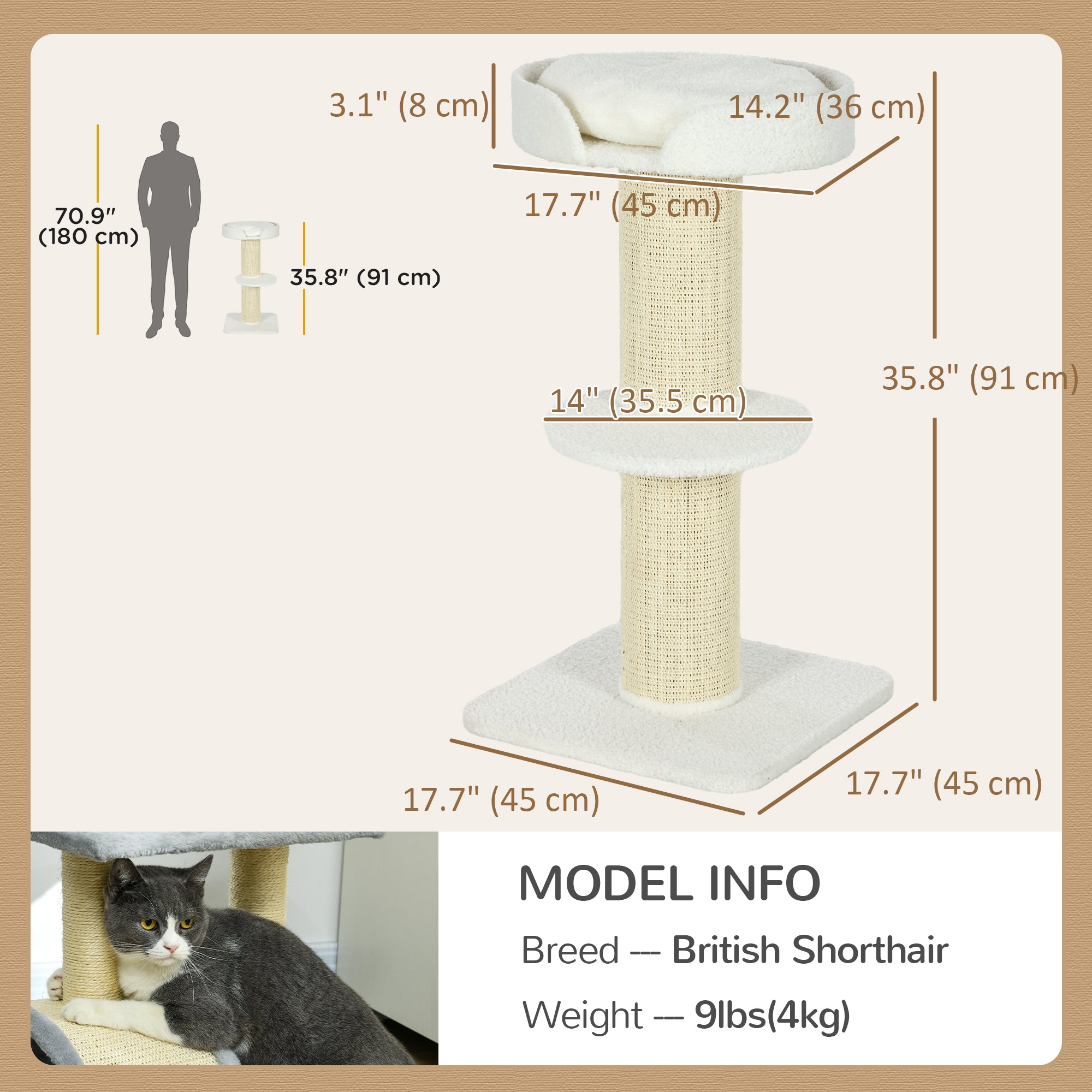Cat Tree Kitty Tower with Sisal Mat Scratching Post, Cat Bed, Cushion, Perch, 18" x 18" x 36", Cream White-Cats-DECOROLALA