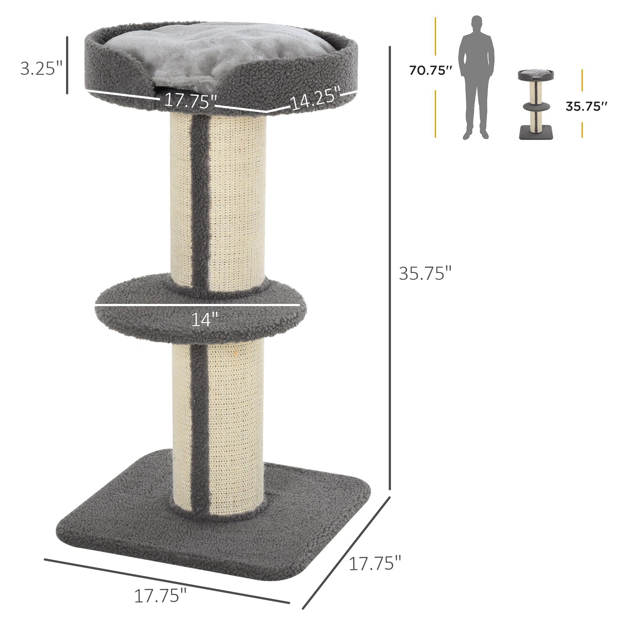 Cat Tree Kitty Tower with Sisal Mat Scratching Post, Cat Bed, Cushion, Perch, 18" x 18" x 36", Grey-Cats-DECOROLALA