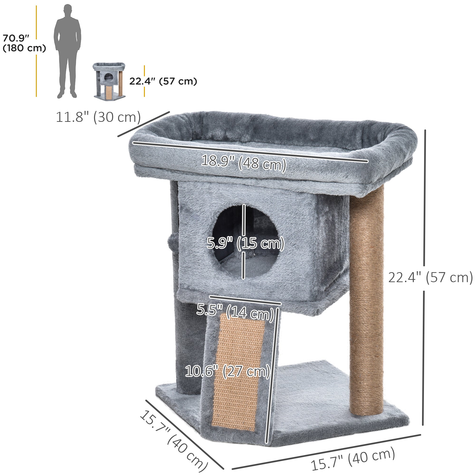 Cat Tree, Small Cat Tower with Perch, Scratching Post, Cat Condo, Toy Ball for Kitty, Indoor Use, Grey-Cats-DECOROLALA