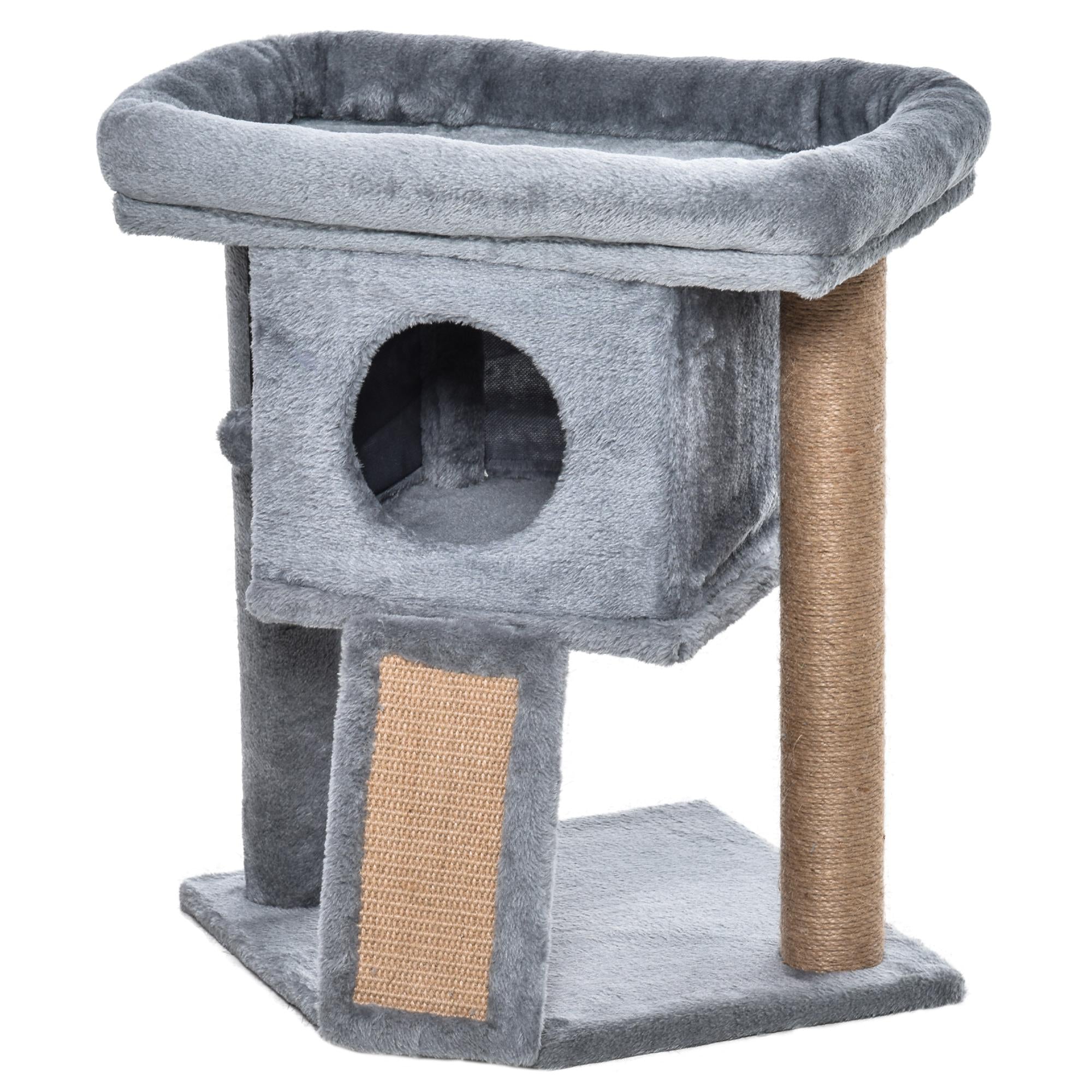 Cat Tree, Small Cat Tower with Perch, Scratching Post, Cat Condo, Toy Ball for Kitty, Indoor Use, Grey-Cats-DECOROLALA