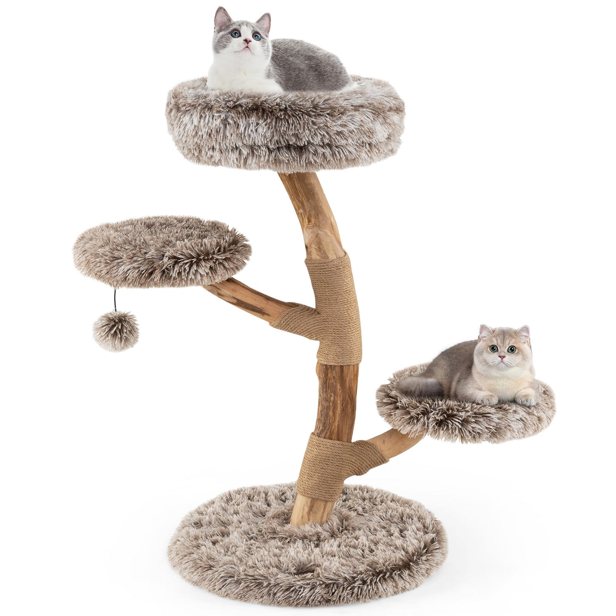Cat Tree Solid Pear Wood with Perch and Natural Jute Scratching Posts-Brown-Cat Trees & Scratchers-DECOROLALA