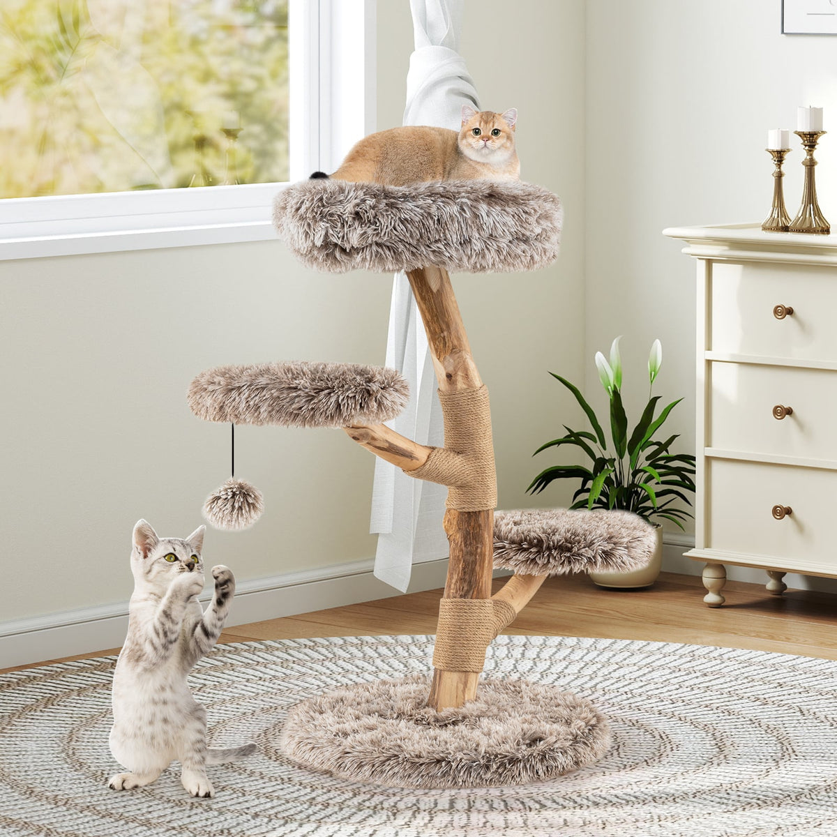 Cat Tree Solid Pear Wood with Perch and Natural Jute Scratching Posts-Brown-Cat Trees & Scratchers-DECOROLALA