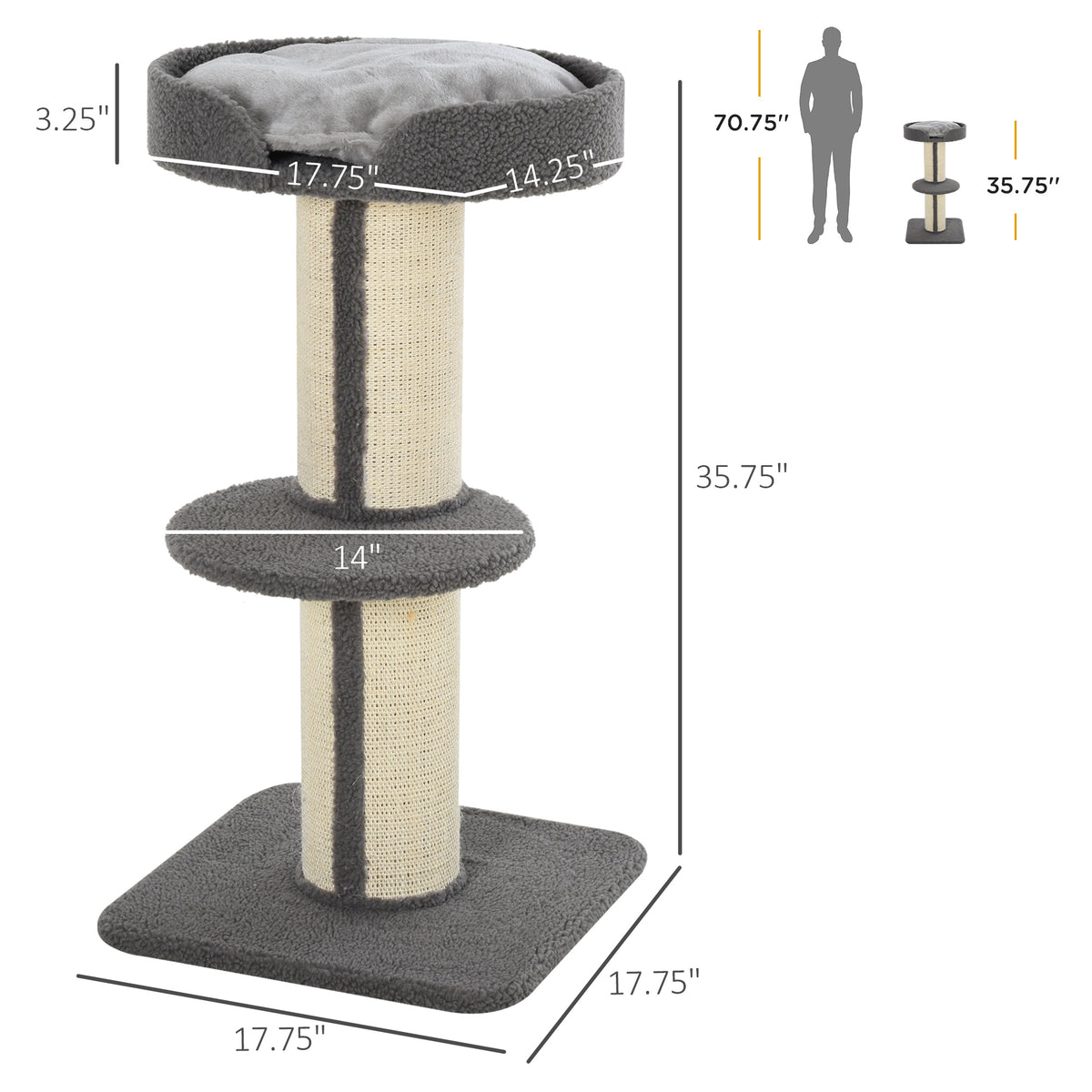 Cat Tree Tower with Sisal Scratching Post and Bed - 36" Grey-Cats-DECOROLALA