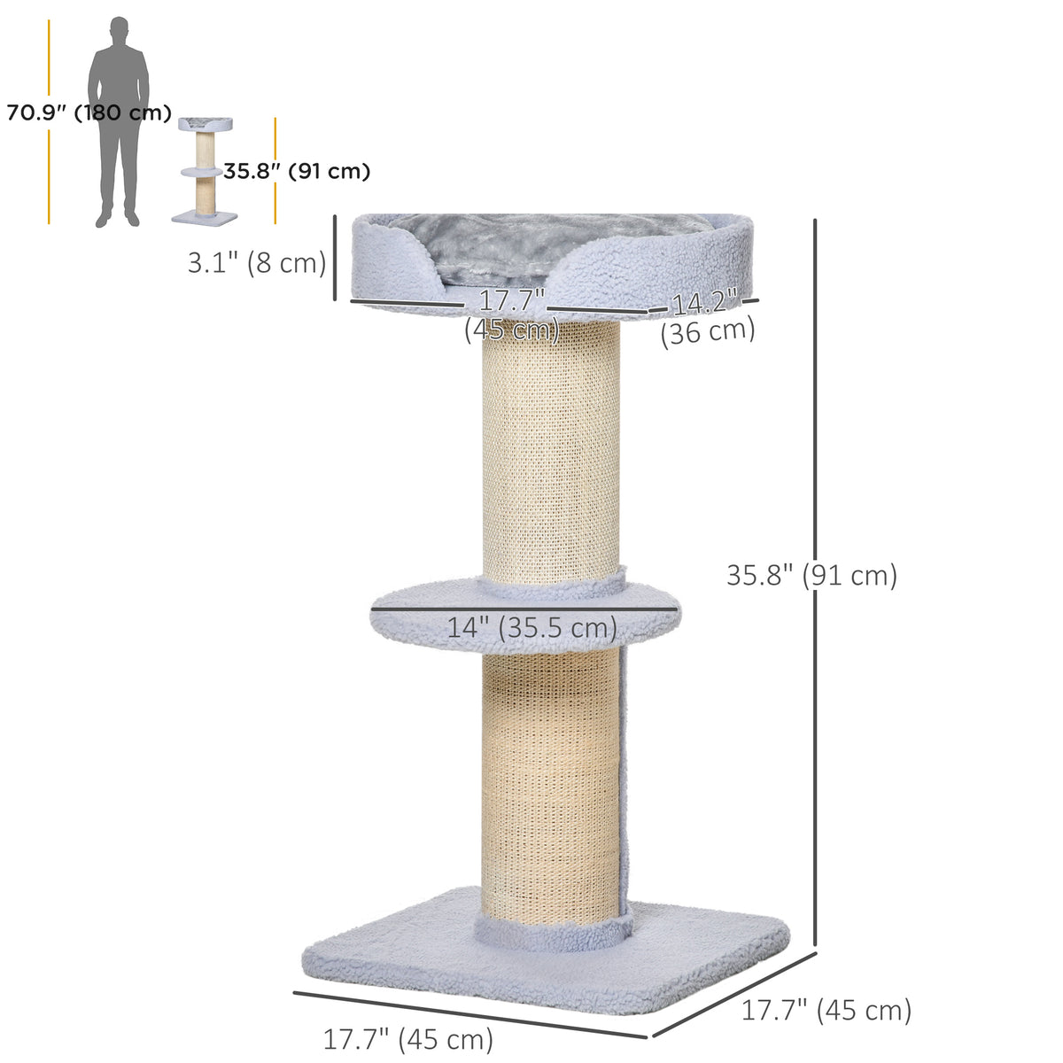 Cat Tree Tower with Sisal Scratching Post and Bed - 36" Light Blue-Cats-DECOROLALA