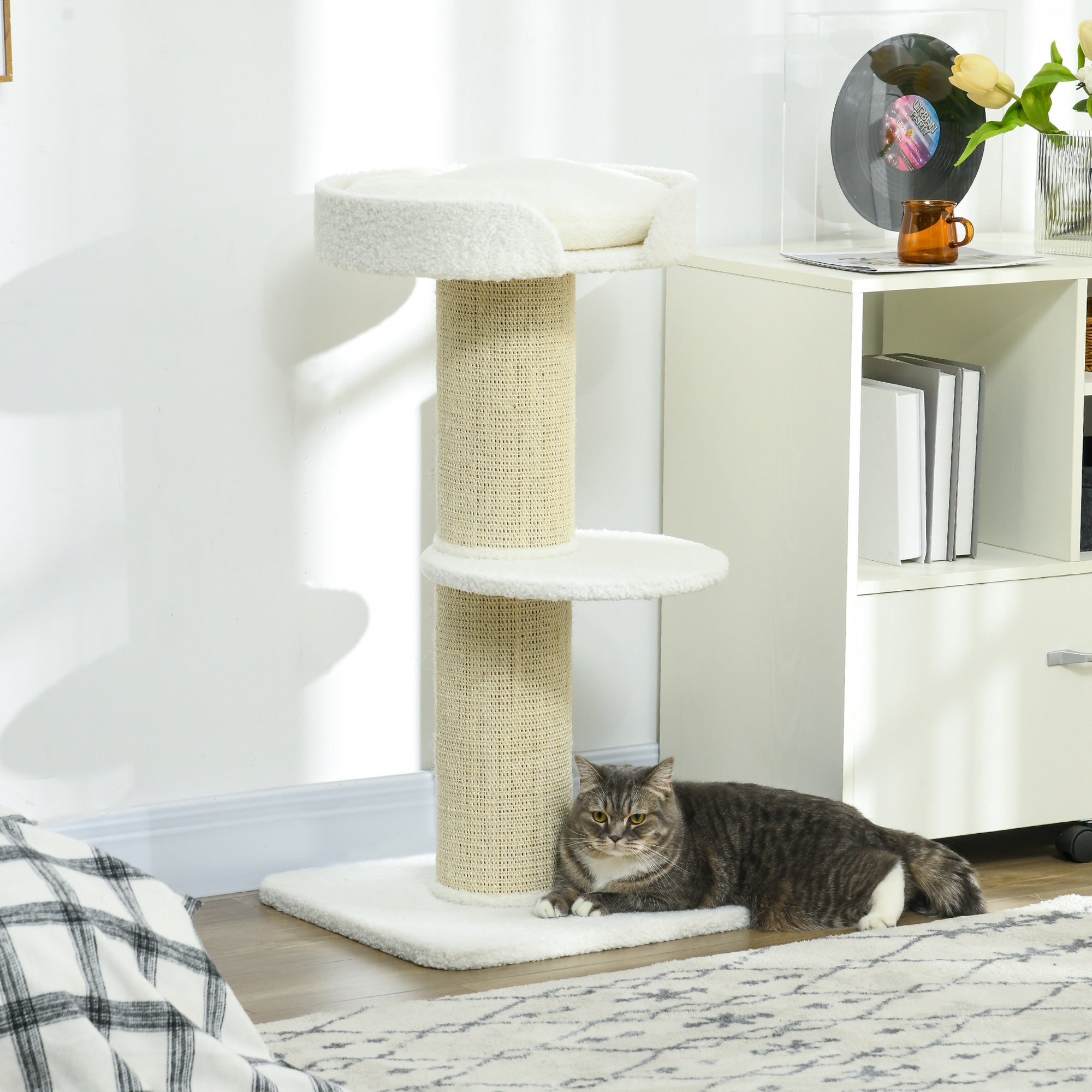 Cat Tree Tower with Sisal Scratching Post and Bed - Cream White-Cats-DECOROLALA