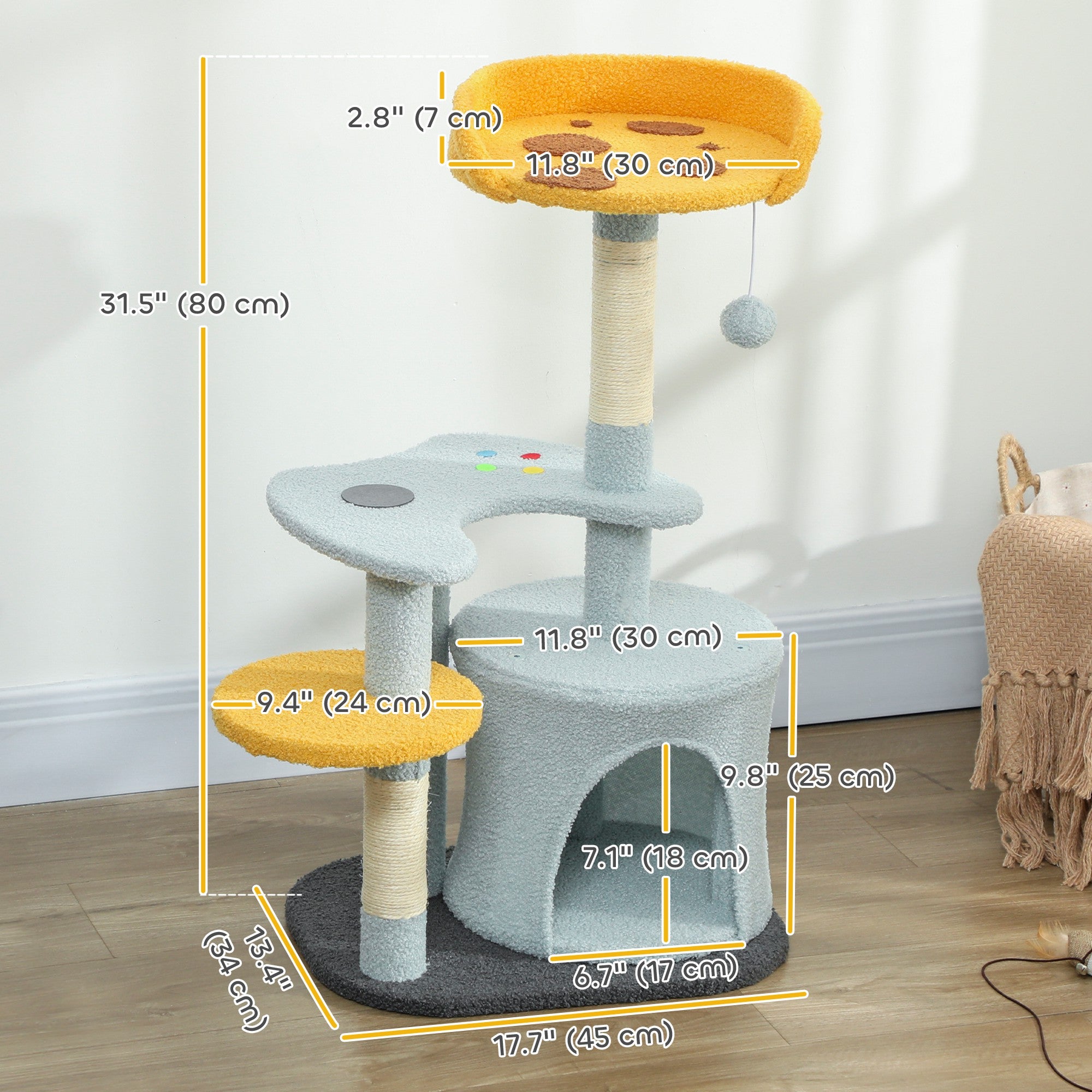 Cat Tree for Indoor Cats, 31.5 inch Cat Tower with Plush Perch, Platform, Condo, Scratching Post and Toy Ball, Blue-Cats-DECOROLALA