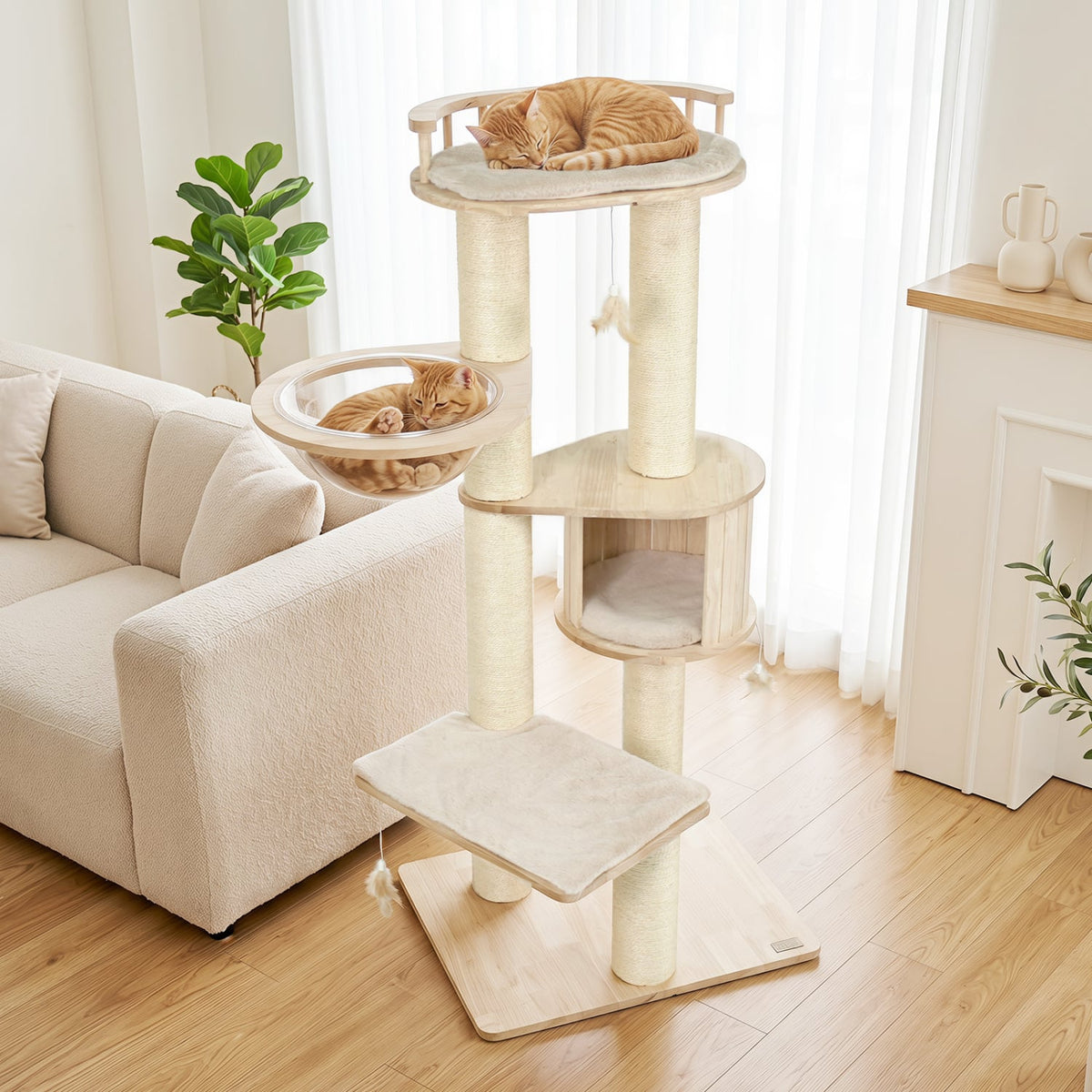 Cat Tree for Indoor Kittens with Top Perch Condo Space and 3 Hanging Feather Toys-Beige-Cat Trees & Scratchers-DECOROLALA