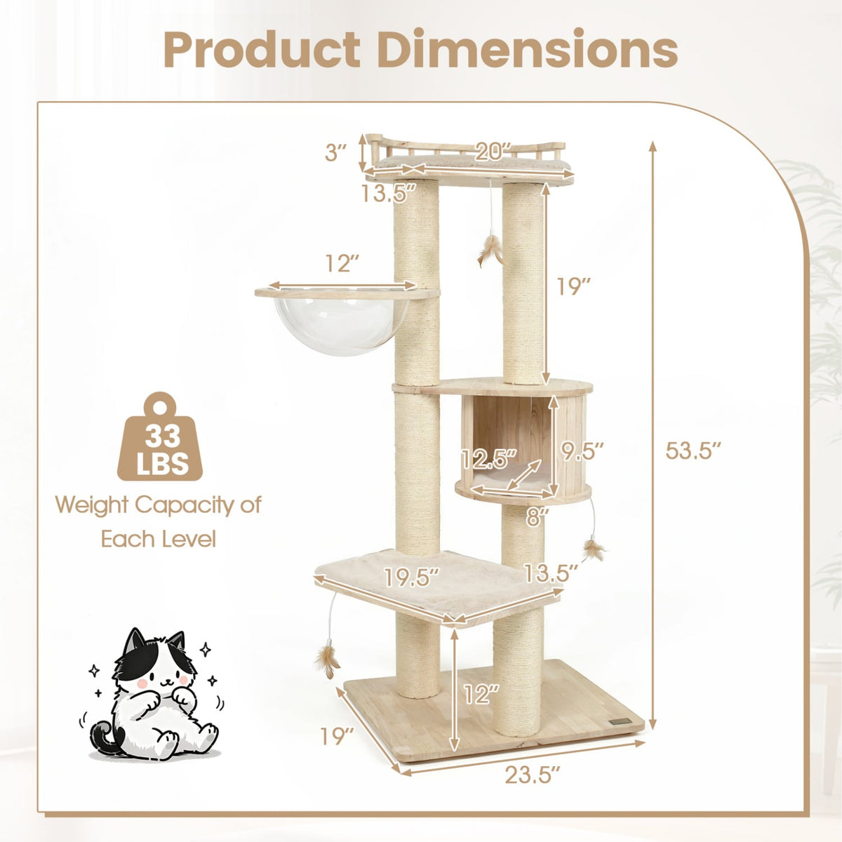 Cat Tree for Indoor Kittens with Top Perch Condo Space and 3 Hanging Feather Toys-Beige-Cat Trees & Scratchers-DECOROLALA