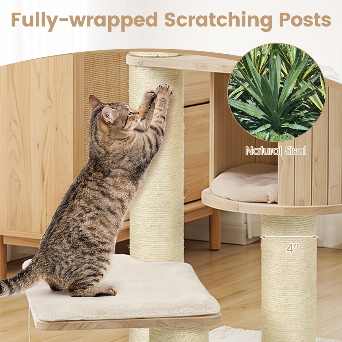 Cat Tree for Indoor Kittens with Top Perch Condo Space and 3 Hanging Feather Toys-Beige-Cat Trees & Scratchers-DECOROLALA