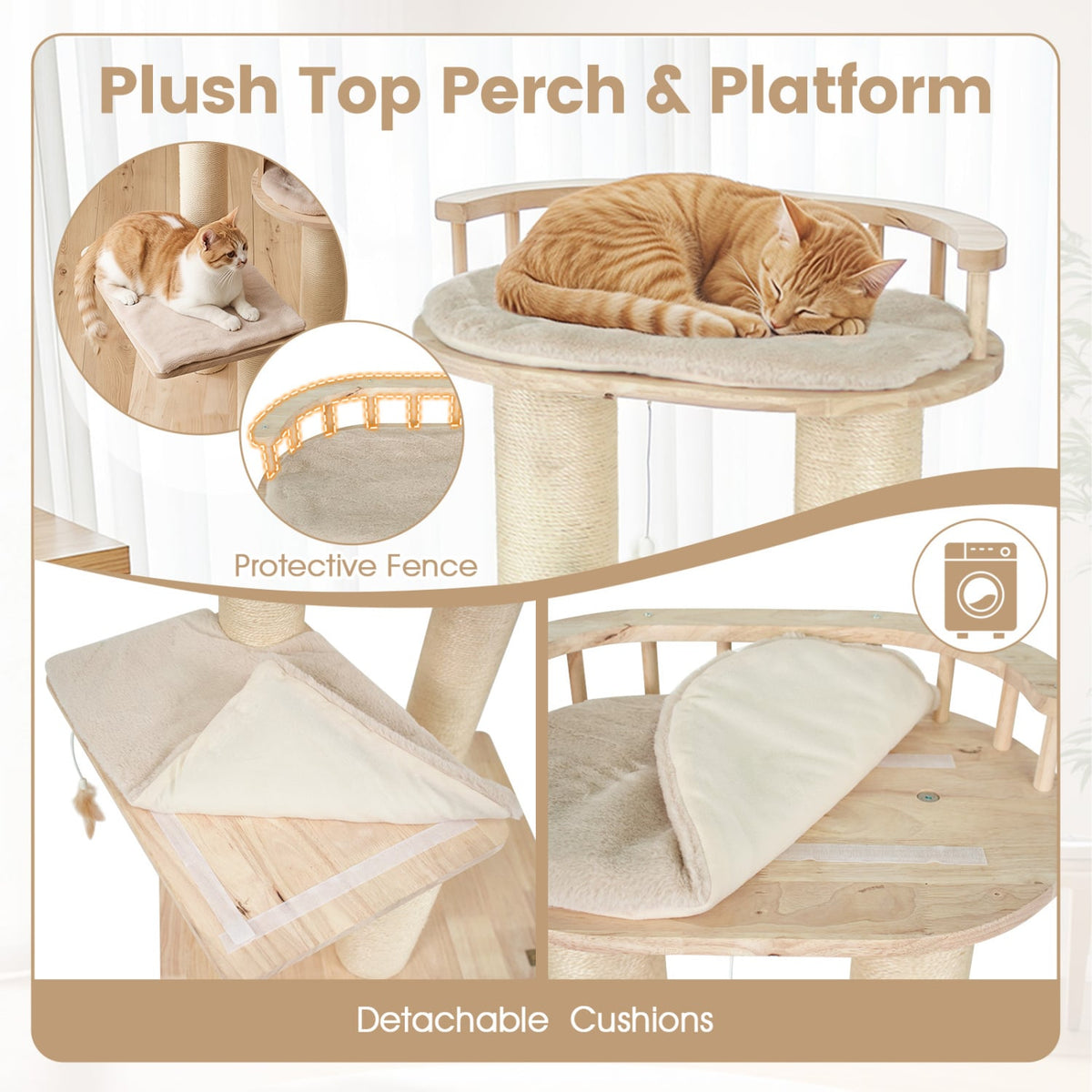 Cat Tree for Indoor Kittens with Top Perch Condo Space and 3 Hanging Feather Toys-Beige-Cat Trees & Scratchers-DECOROLALA