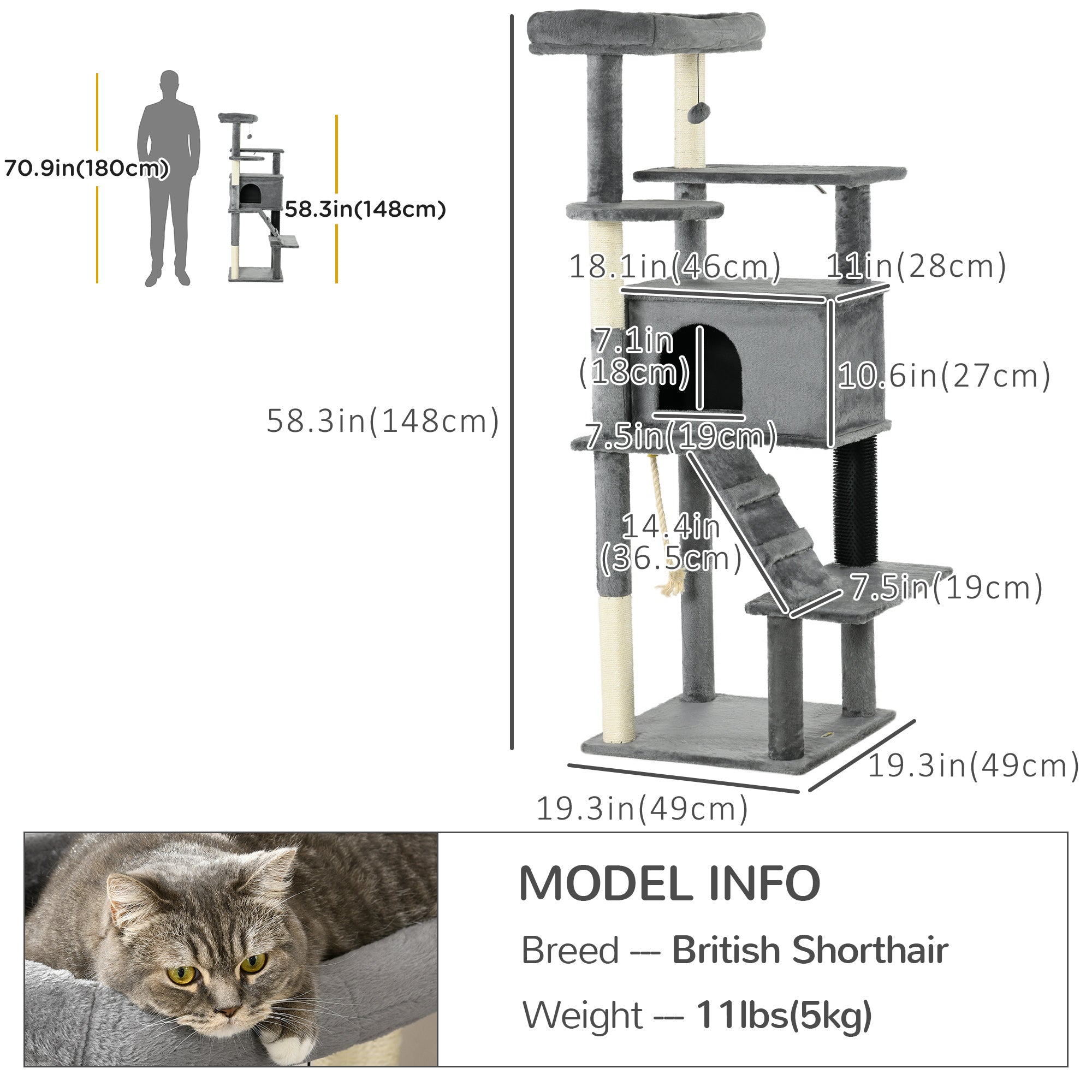 Cat Tree for Large Cats Adult, 58" Tall Cat Tree with Scratching Posts, Large Cat Tower for Indoor Cats with Bed, House, Toys, Grey-Cats-DECOROLALA