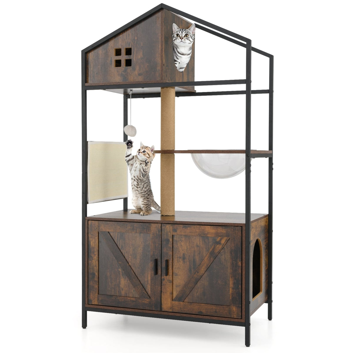 Cat Tree with Litter Box Enclosure Industrial Cat Tower Multi-level Cat Condo Furniture for Indoor Cats-Rustic Brown-Cat Trees & Scratchers-DECOROLALA