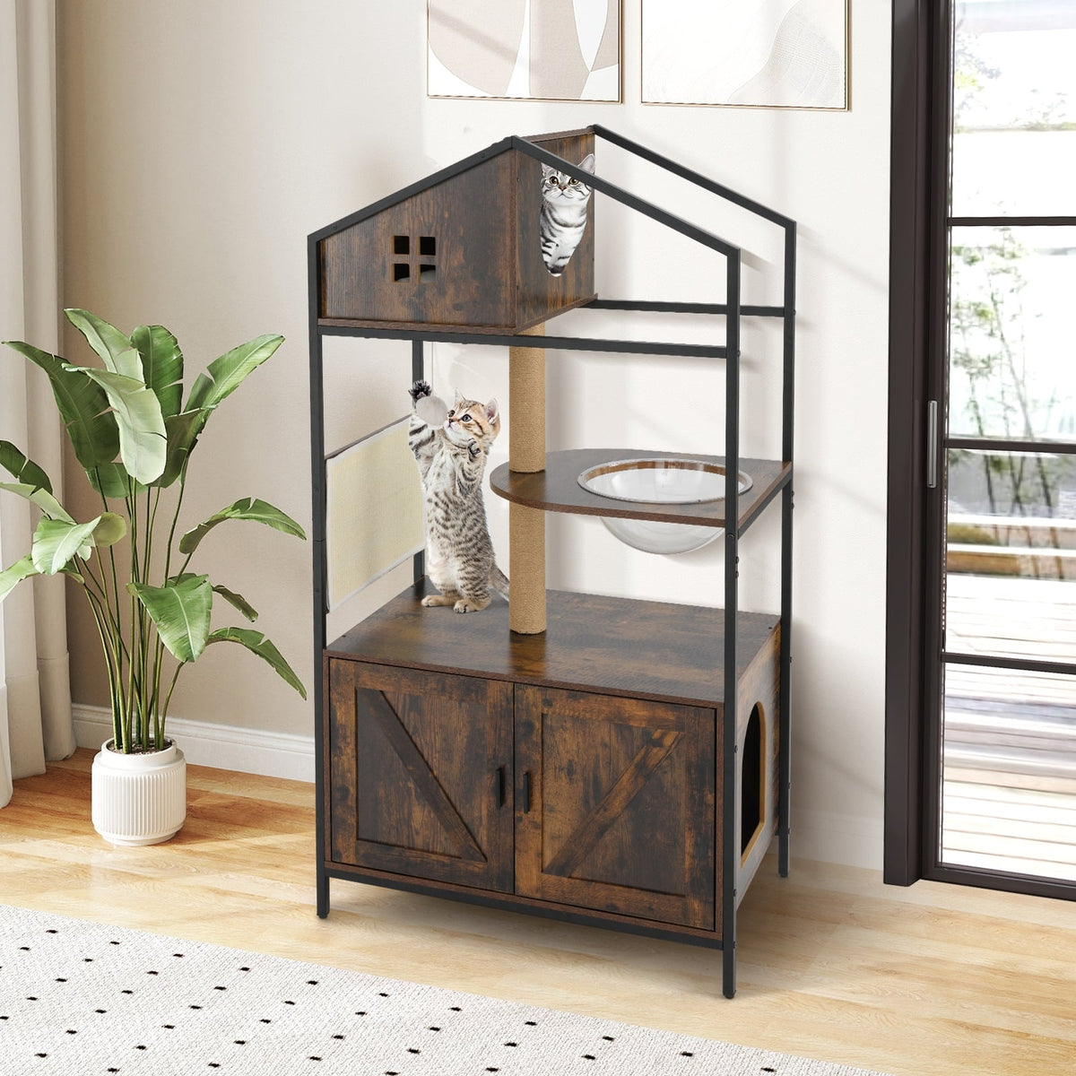 Cat Tree with Litter Box Enclosure Industrial Cat Tower Multi-level Cat Condo Furniture for Indoor Cats-Rustic Brown-Cat Trees & Scratchers-DECOROLALA